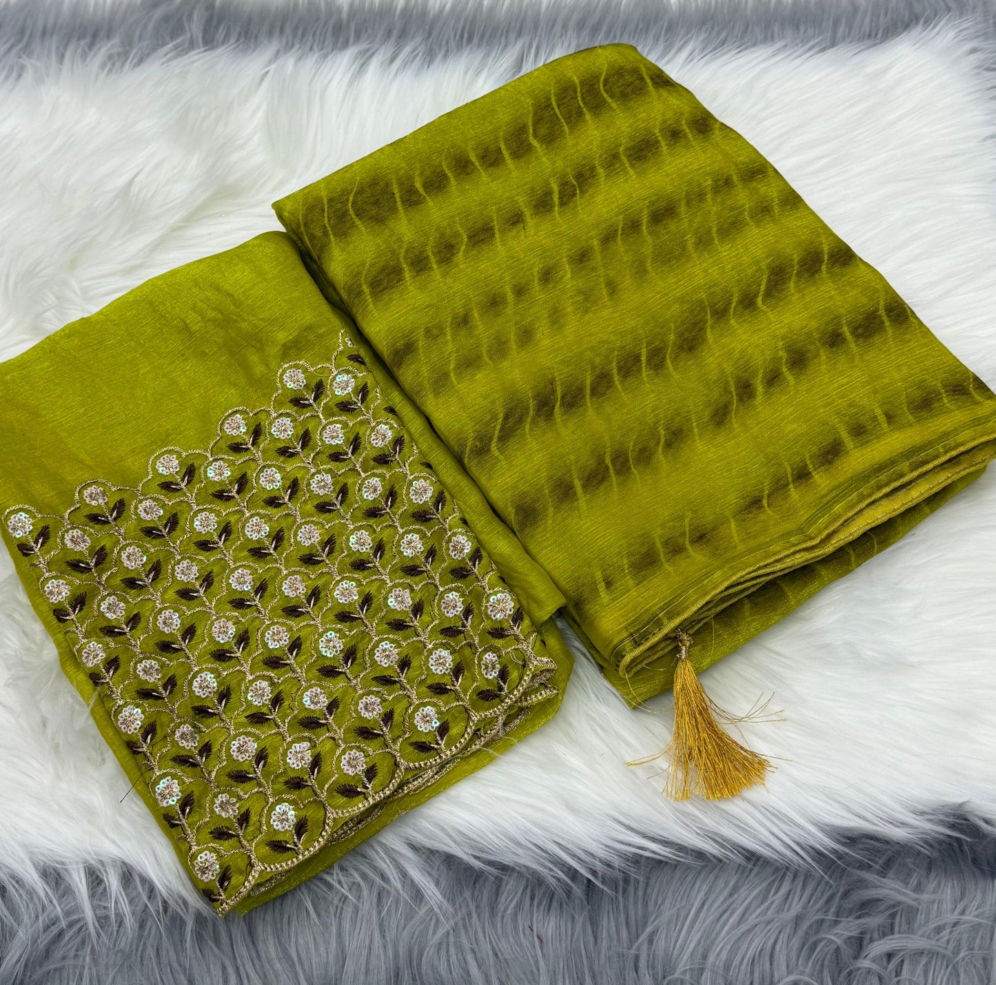 NN-2042 Space silk fabric with zebra pattern tie & die with pipping border and tassles with Heavy sequence work blouse