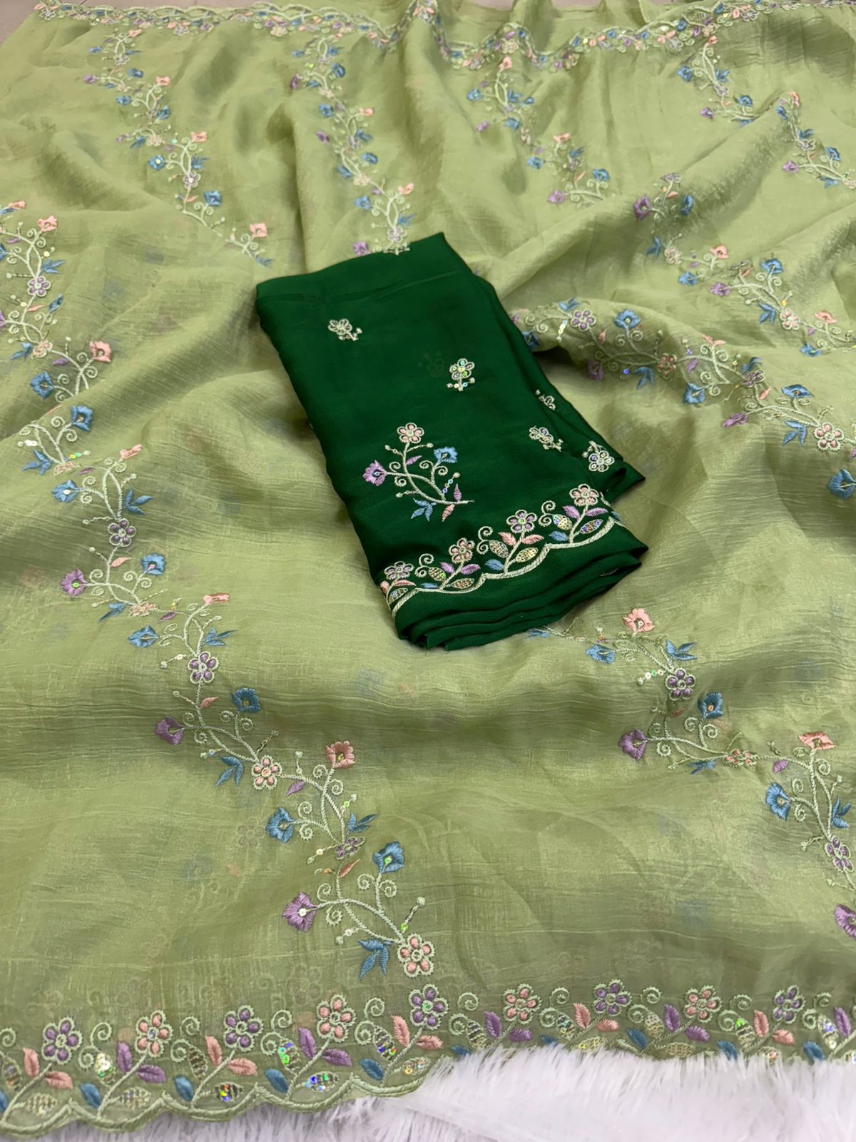 NN-2044 Crunchy fabric with C-pallu work with lehariya desgin with rich multi emroidary thread with contrast heavy sequence work blouse