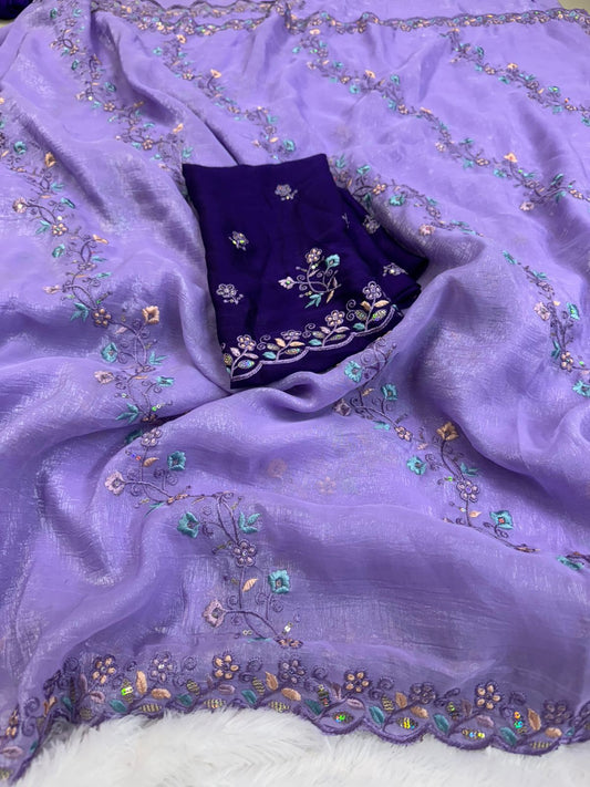 NN-2044 Crunchy fabric with C-pallu work with lehariya desgin with rich multi emroidary thread with contrast heavy sequence work blouse