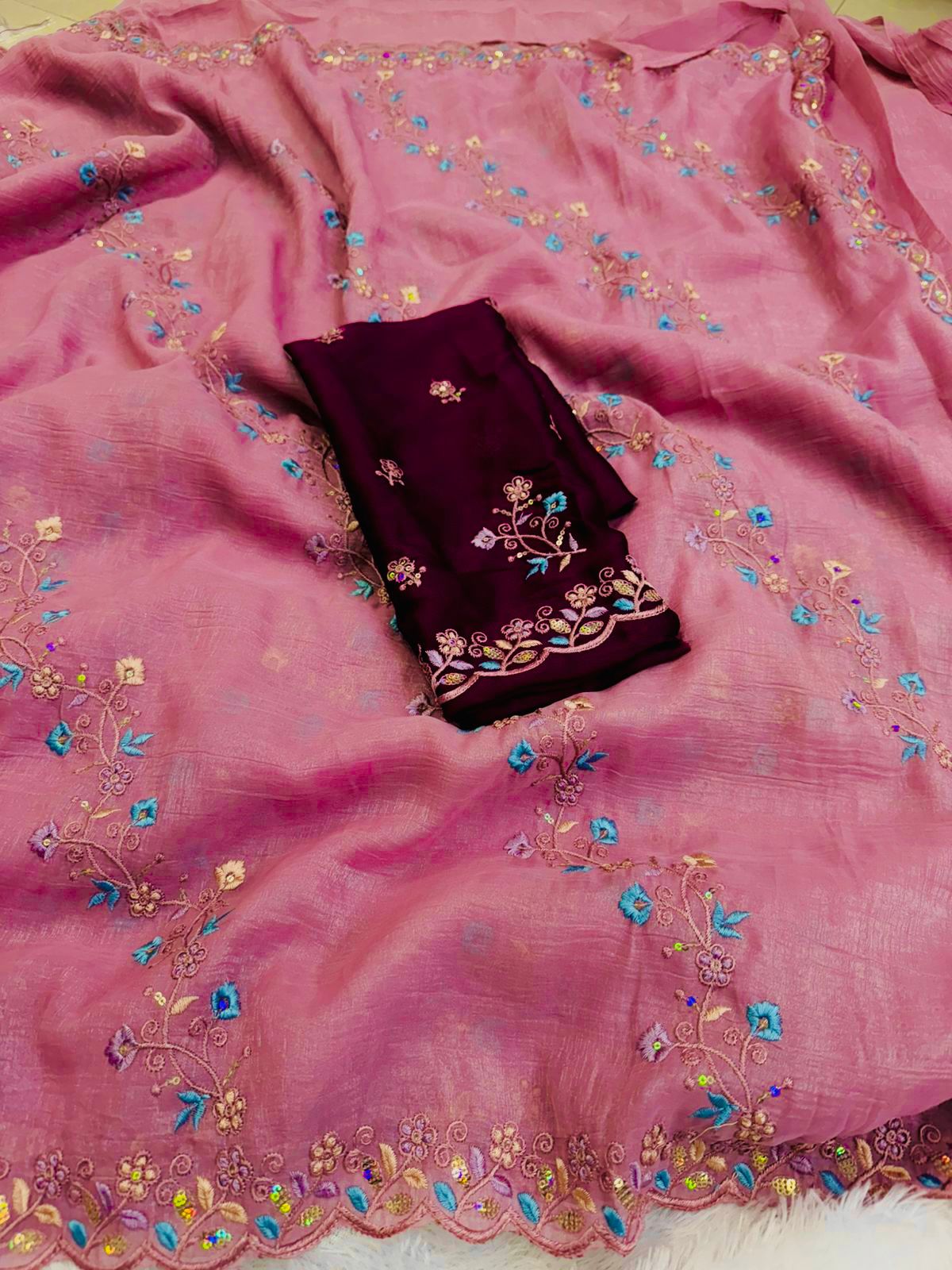 NN-2044 Crunchy fabric with C-pallu work with lehariya desgin with rich multi emroidary thread with contrast heavy sequence work blouse