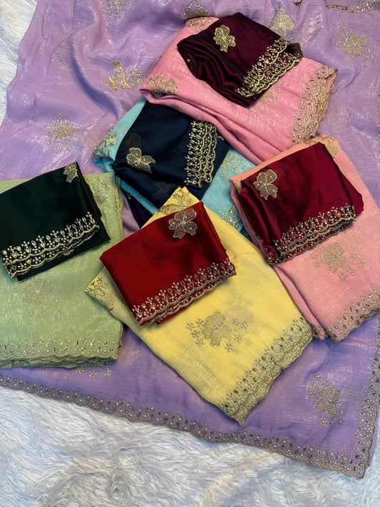 NN-2045 CRUNCHY silk with beautiful embroidery C-pallu work with full of elegance and moti work allover saree with Rangoli silk with blooming colours with heavy embroidary blouse