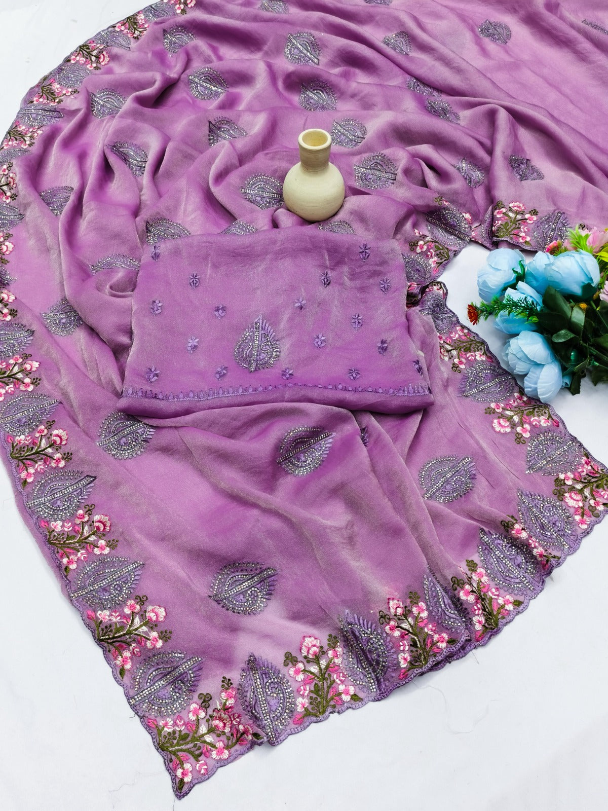 DF-SHRILAXMI FANCY MOSS CHIFFON EITH ELEGANT THREAD WORK WITH DMC SWAROSKI WORK WITH HEAVY BLOUSE