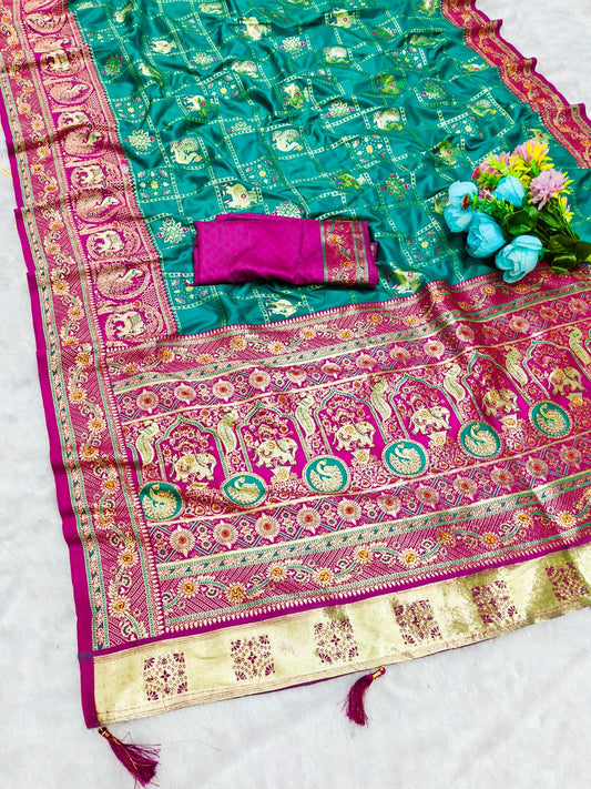 BS-GHATCHOLA PURE SOFT SILK SAREE WITH BEAUTIFUL GHARCHOLA DESIGN WITH CONTRAST BORDER WITH HEAVY JARKAN WORK