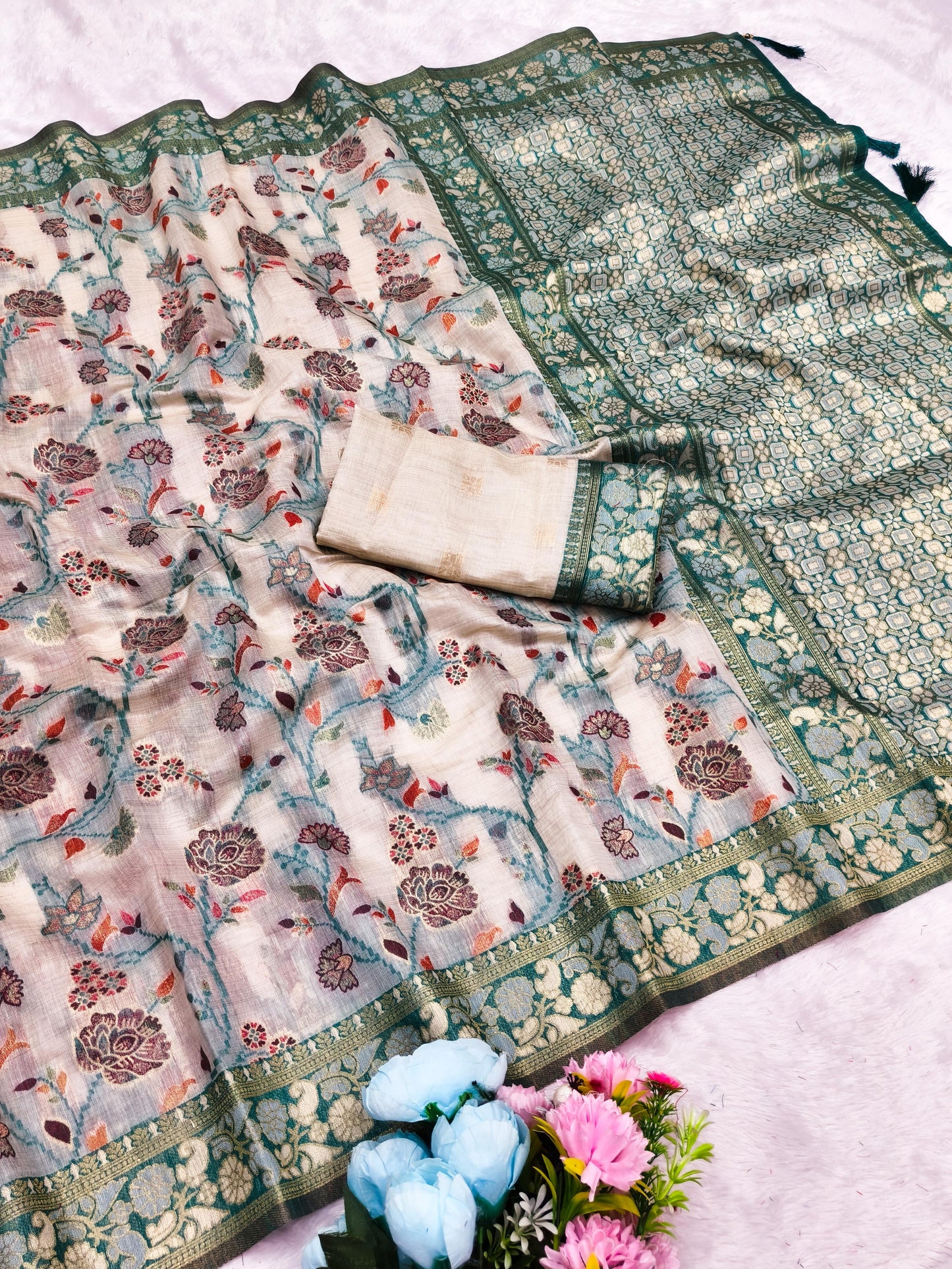 CT-SAMANTHA COTTON TISSUE SILK SAREE WITH CHIKKU COLOR COMMON WITH JHAL WEAVING WORK WITH TASSELS