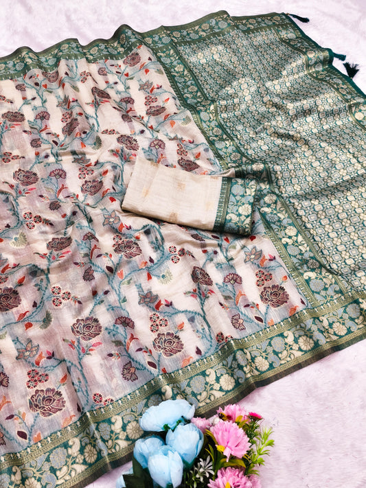 CT-SAMANTHA COTTON TISSUE SILK SAREE WITH CHIKKU COLOR COMMON WITH JHAL WEAVING WORK WITH TASSELS