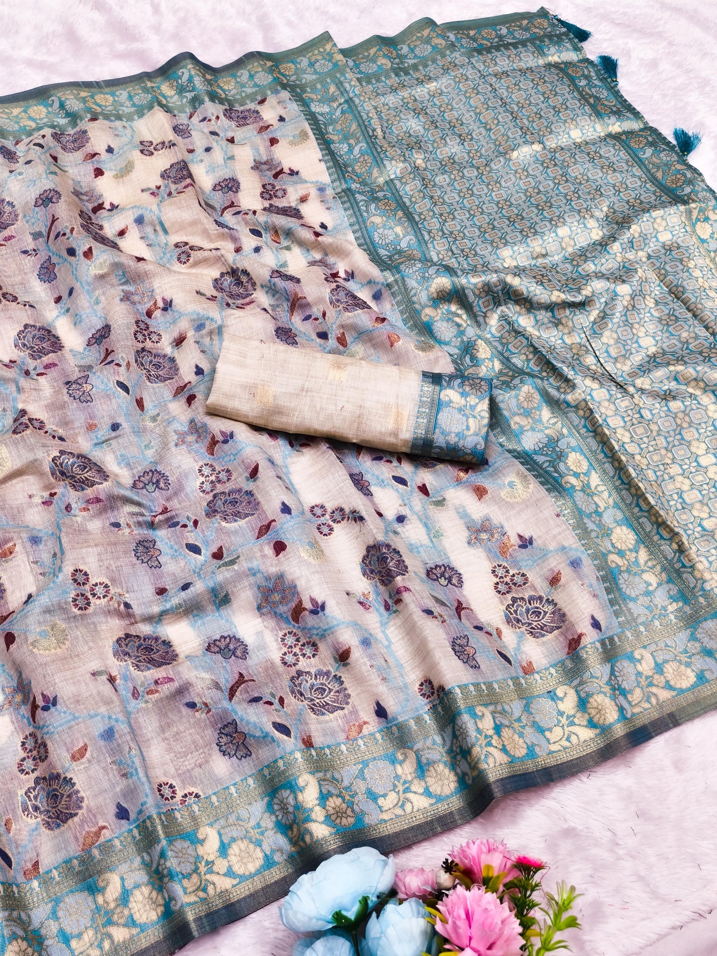 CT-SAMANTHA COTTON TISSUE SILK SAREE WITH CHIKKU COLOR COMMON WITH JHAL WEAVING WORK WITH TASSELS