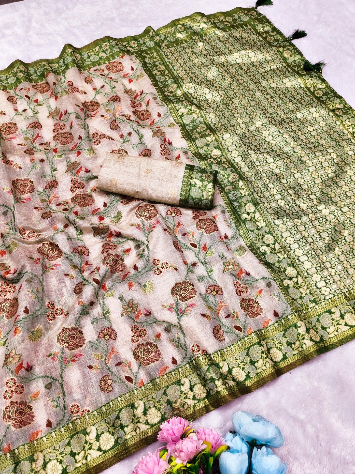 CT-SAMANTHA COTTON TISSUE SILK SAREE WITH CHIKKU COLOR COMMON WITH JHAL WEAVING WORK WITH TASSELS