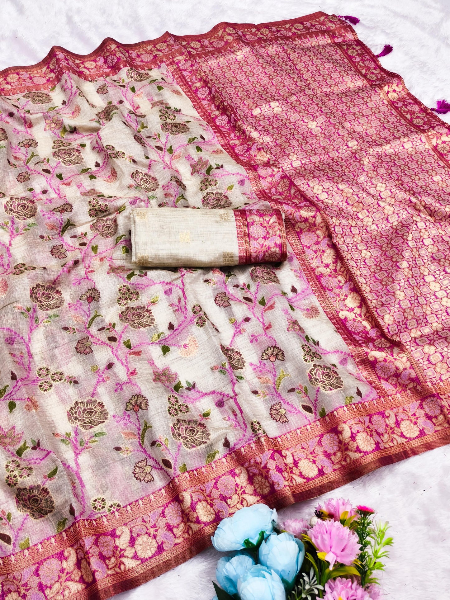 CT-SAMANTHA COTTON TISSUE SILK SAREE WITH CHIKKU COLOR COMMON WITH JHAL WEAVING WORK WITH TASSELS