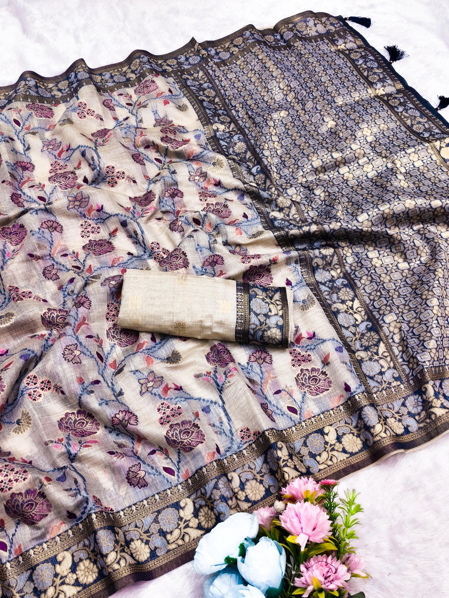 CT-SAMANTHA COTTON TISSUE SILK SAREE WITH CHIKKU COLOR COMMON WITH JHAL WEAVING WORK WITH TASSELS