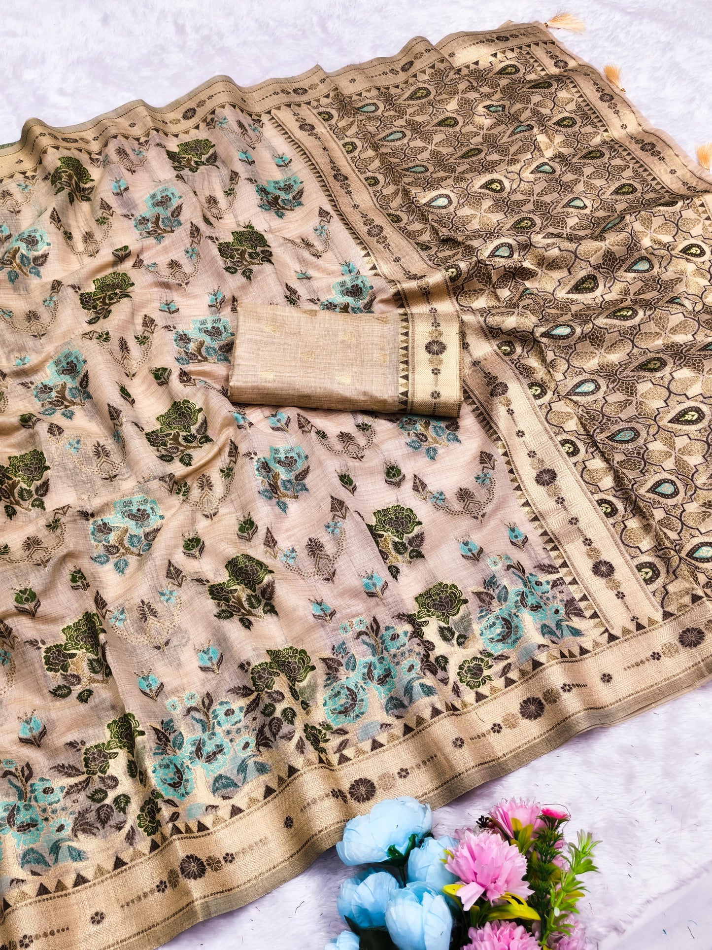 CT-BRINDA COTTON SILK SAREE WITH BEAUTIFUL JHAL FLORAL WEAVING DEDIGN WITH MULTI MEENA PREMIUM TASTE COLLECTION