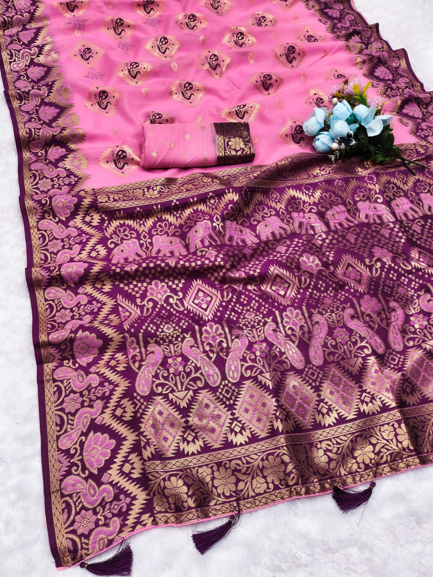 CT-HANSIKA COTTOM SILK SAREE WITH BESUTIFUL CONTRAST BORDER WITH BEAUTIFUL PEACOCK DESIGN WITH TASSELS