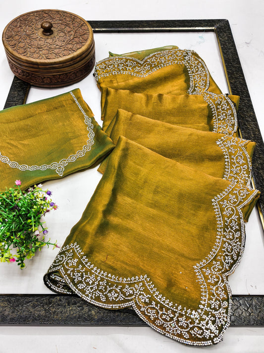 DF-SHEHZADI PREMIUM FENDI CHIFFON SAREE WITH JARKAN WORK WITH BEAUTIFUL CUTWORK WITH HEAVY BLOUSE