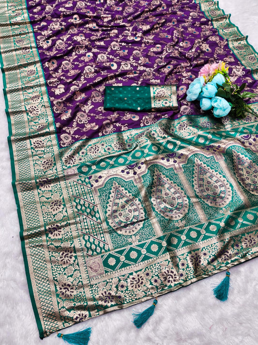 AJ-BANDRA SOFT SILK SAREE WITH CONTRAST PALLU AND BORDER WITH BEAUTIFUL JHAL DESIGN WITH BUTTI CONTRAST BLOUSE