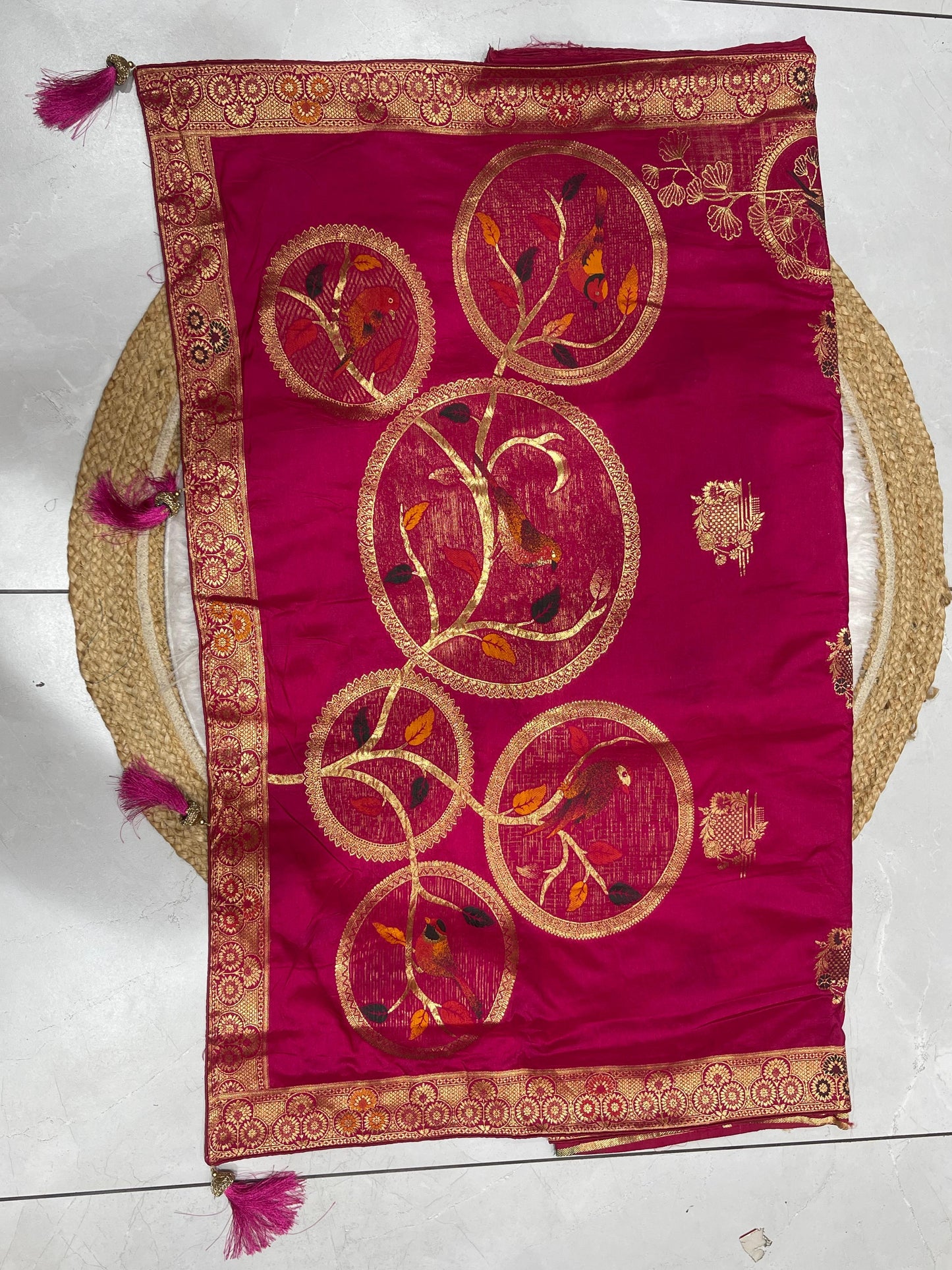 AJ-VEDIKA  SOFT ITALIAN DOLANSILK SAREE WITH BEAUTIFUL CHIDIYA DESIGN WITH BEAUTIFUL COLOR AND TASSELS