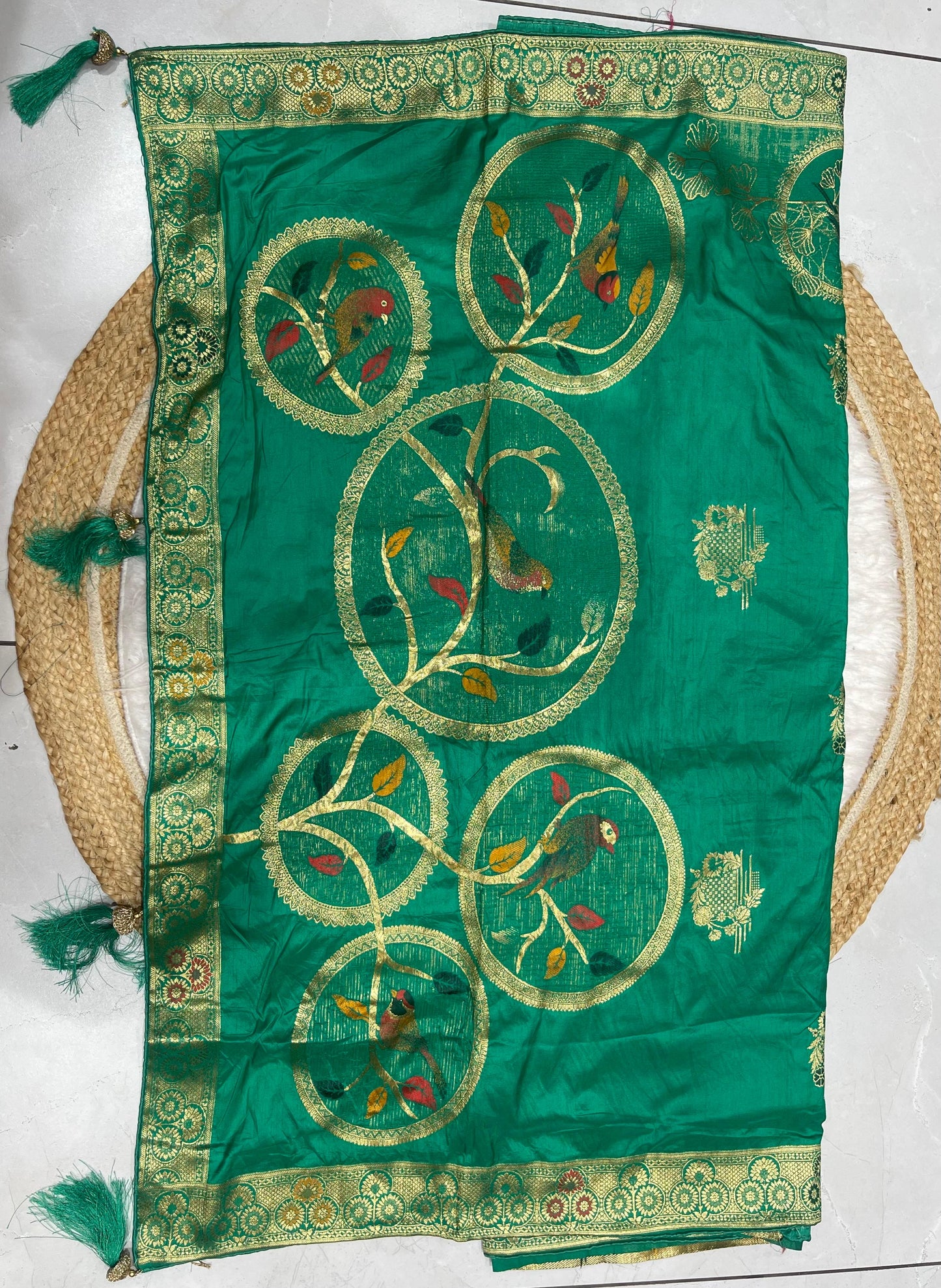 AJ-VEDIKA  SOFT ITALIAN DOLANSILK SAREE WITH BEAUTIFUL CHIDIYA DESIGN WITH BEAUTIFUL COLOR AND TASSELS