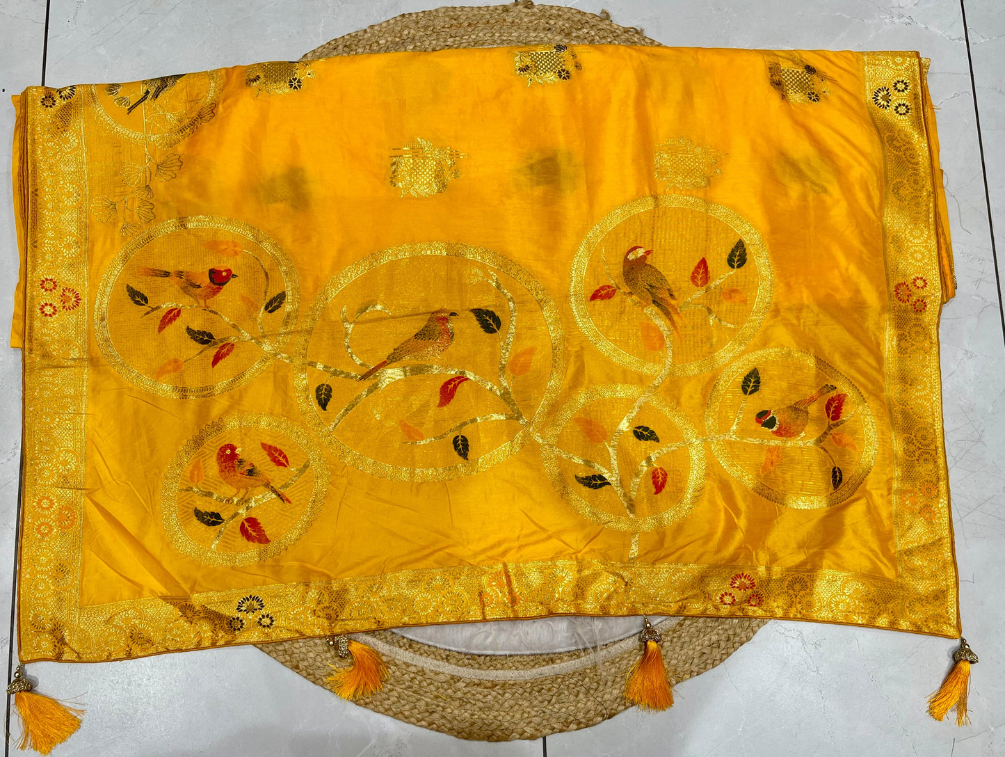 AJ-VEDIKA  SOFT ITALIAN DOLANSILK SAREE WITH BEAUTIFUL CHIDIYA DESIGN WITH BEAUTIFUL COLOR AND TASSELS