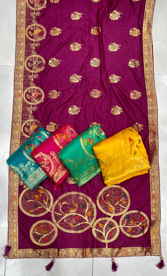 AJ-VEDIKA  SOFT ITALIAN DOLANSILK SAREE WITH BEAUTIFUL CHIDIYA DESIGN WITH BEAUTIFUL COLOR AND TASSELS