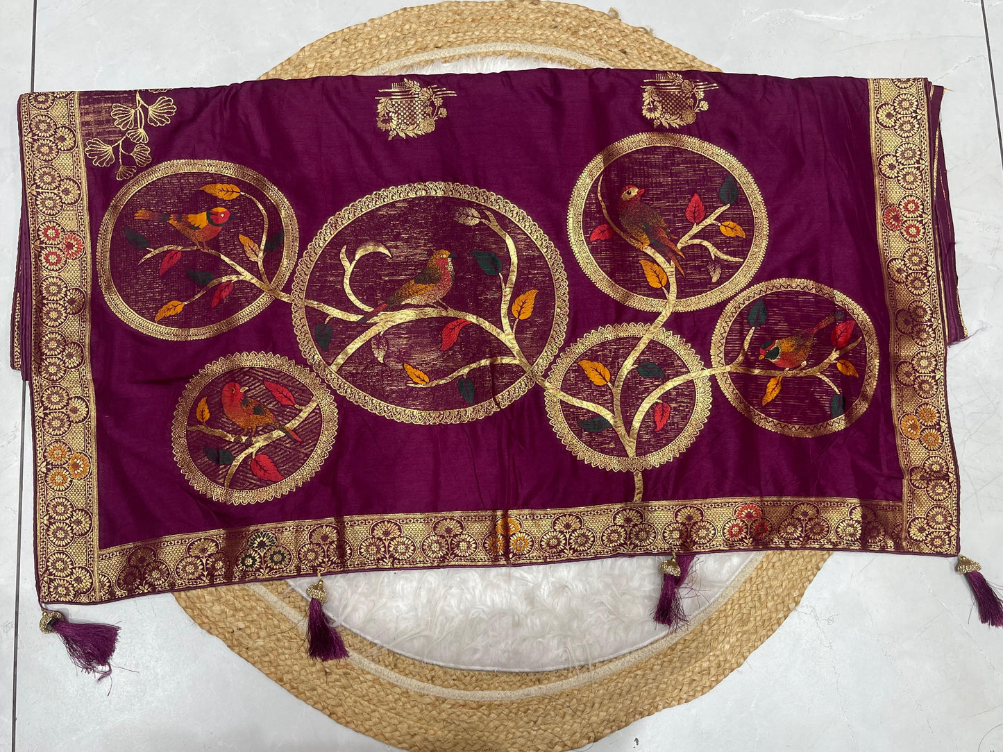 AJ-VEDIKA  SOFT ITALIAN DOLANSILK SAREE WITH BEAUTIFUL CHIDIYA DESIGN WITH BEAUTIFUL COLOR AND TASSELS