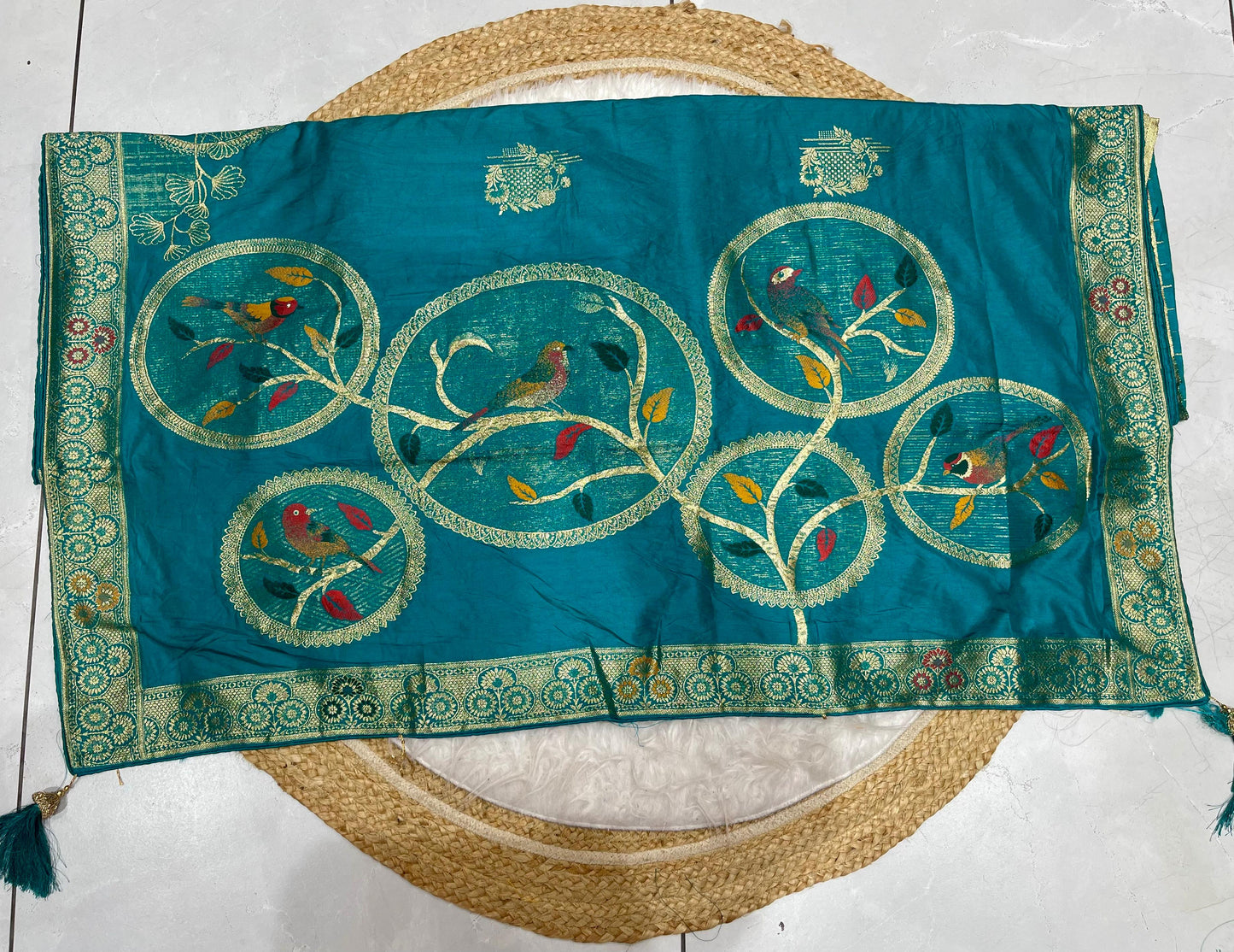 AJ-VEDIKA  SOFT ITALIAN DOLANSILK SAREE WITH BEAUTIFUL CHIDIYA DESIGN WITH BEAUTIFUL COLOR AND TASSELS
