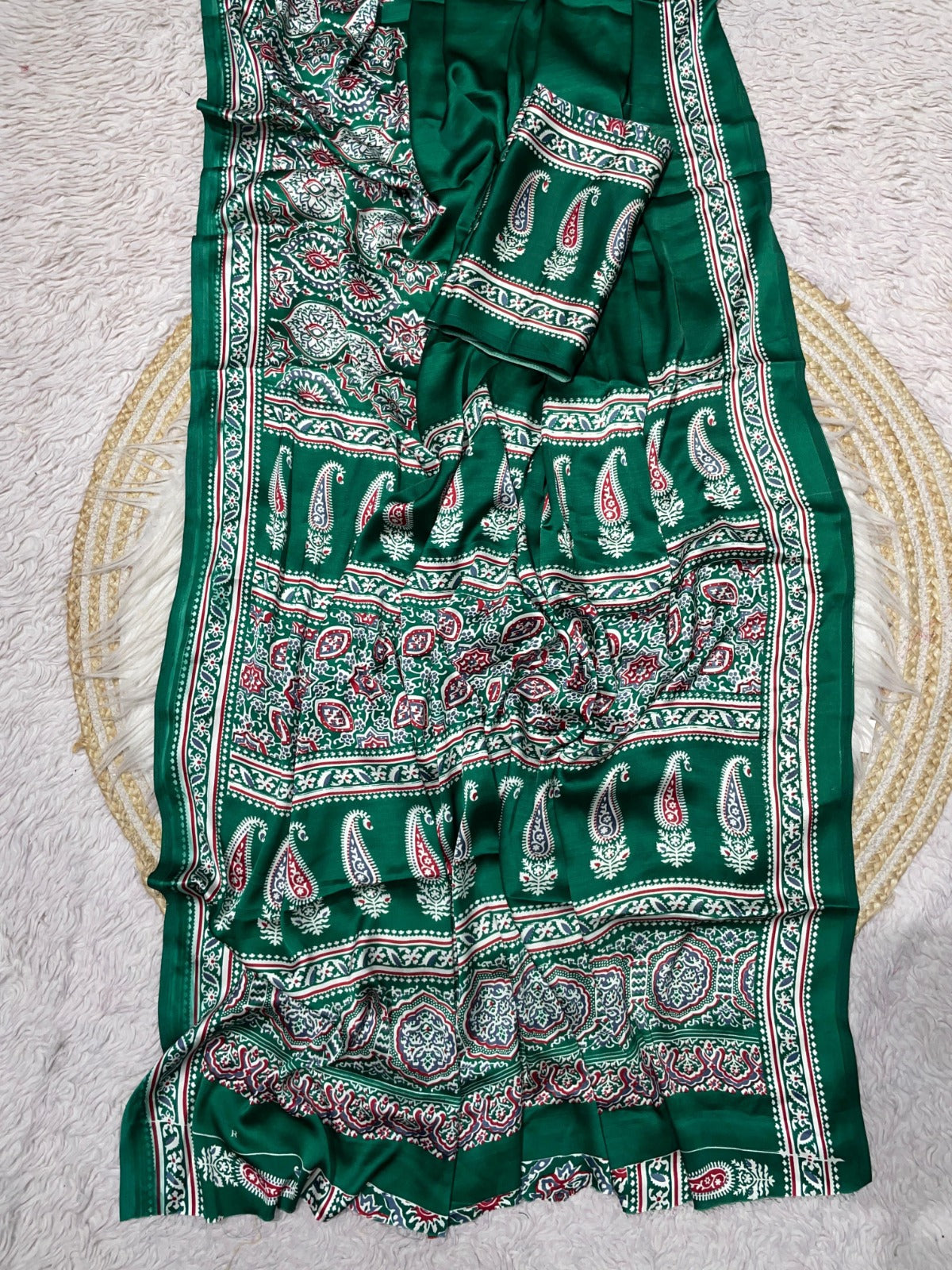 DP-4010 JAPAN SATIN SAREE WITH VIRAL AJRAK PRINT WITH ALL OVER 6.30 MTR CUT