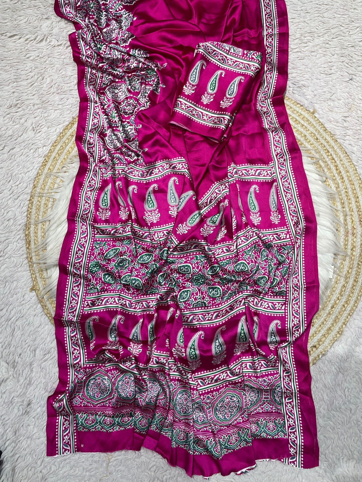 DP-4010 JAPAN SATIN SAREE WITH VIRAL AJRAK PRINT WITH ALL OVER 6.30 MTR CUT