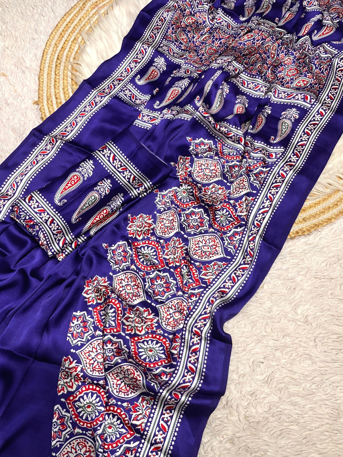 DP-4010 JAPAN SATIN SAREE WITH VIRAL AJRAK PRINT WITH ALL OVER 6.30 MTR CUT