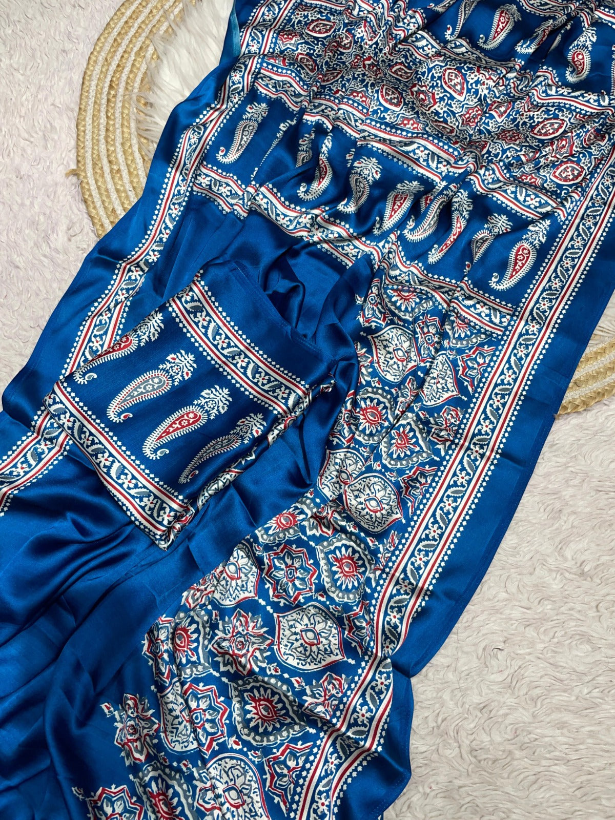 DP-4010 JAPAN SATIN SAREE WITH VIRAL AJRAK PRINT WITH ALL OVER 6.30 MTR CUT