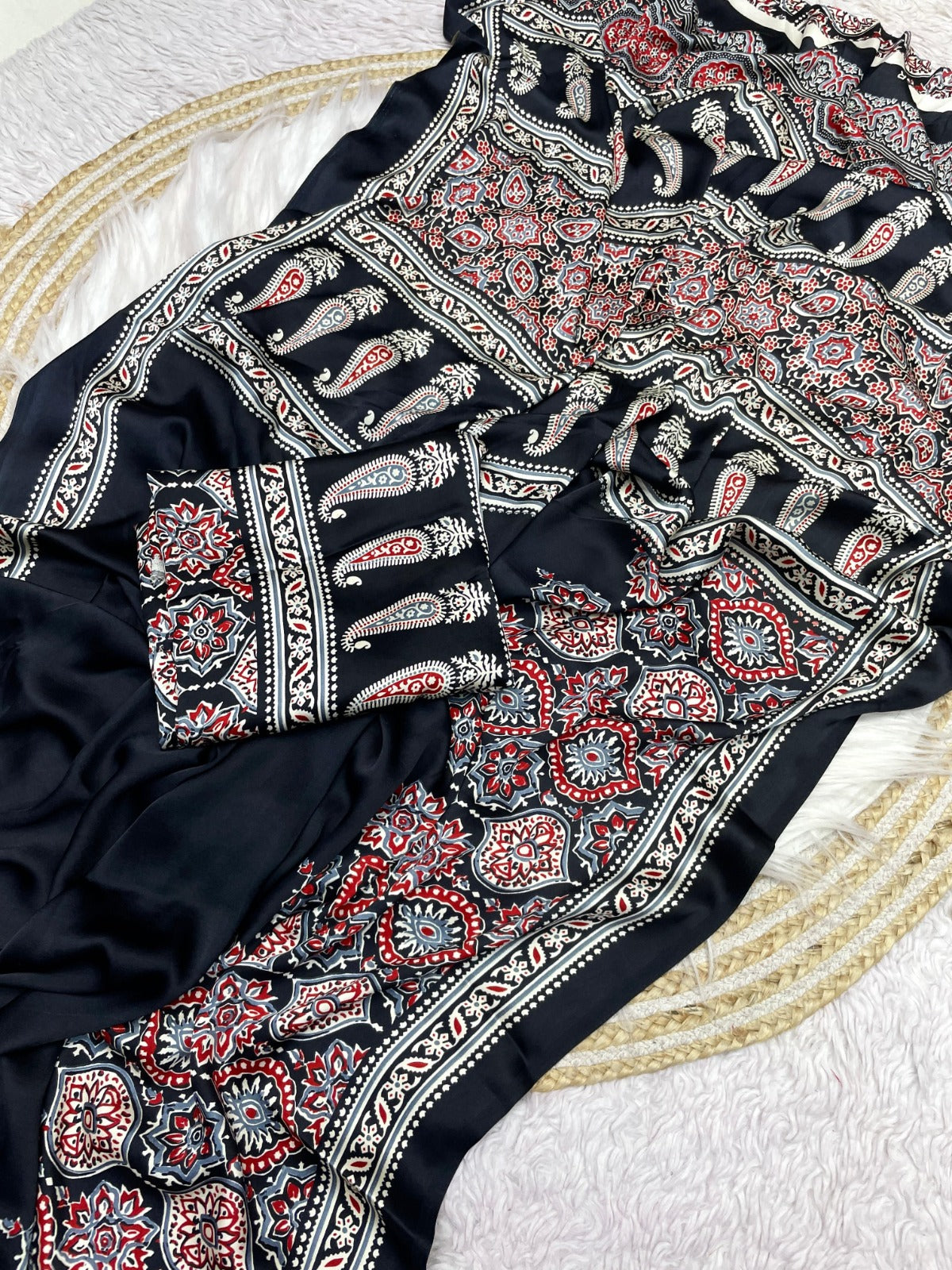 DP-4010 JAPAN SATIN SAREE WITH VIRAL AJRAK PRINT WITH ALL OVER 6.30 MTR CUT