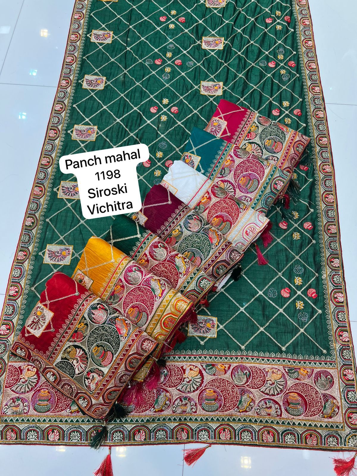 BS-PANCH-MAHAL VICHITRA SILK WITH GHARCHOLA DESIGN WITH HEAVY PALLU WITH DIAMOND WORK ALL OVER WITH TASSELS