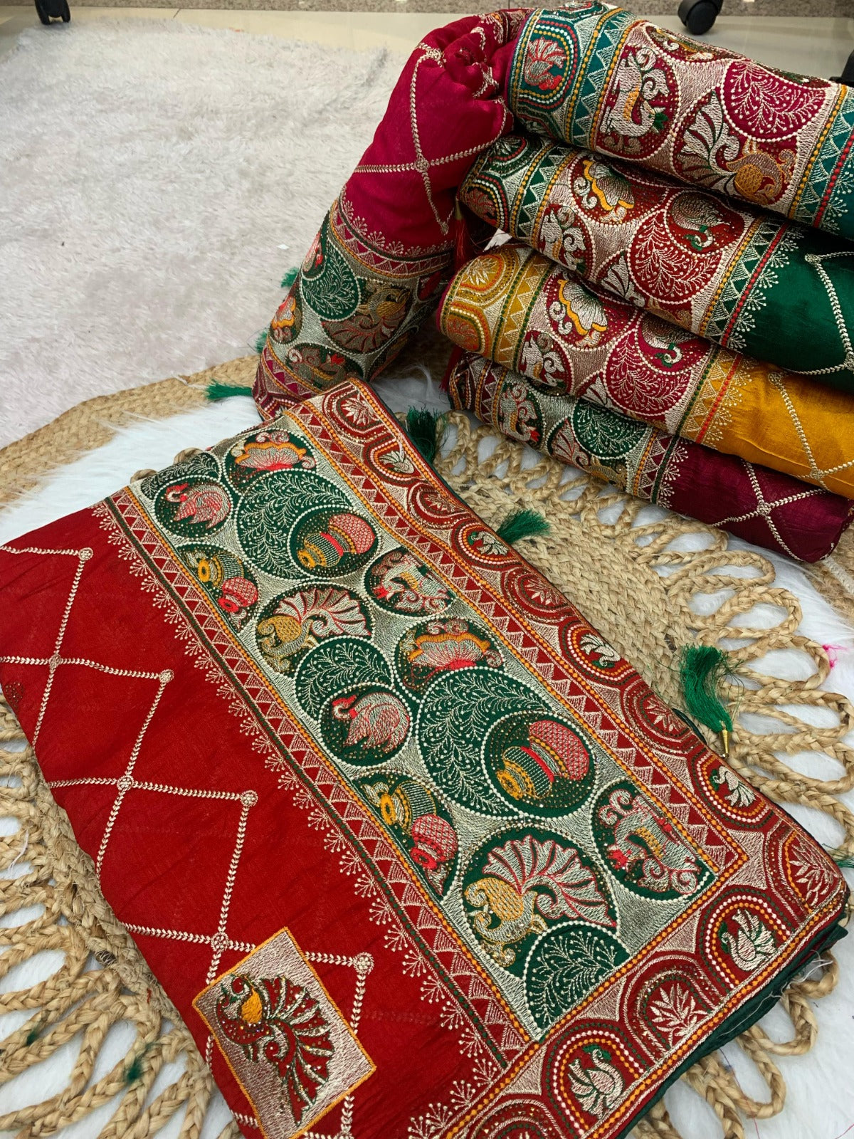 BS-PANCH-MAHAL VICHITRA SILK WITH GHARCHOLA DESIGN WITH HEAVY PALLU WITH DIAMOND WORK ALL OVER WITH TASSELS