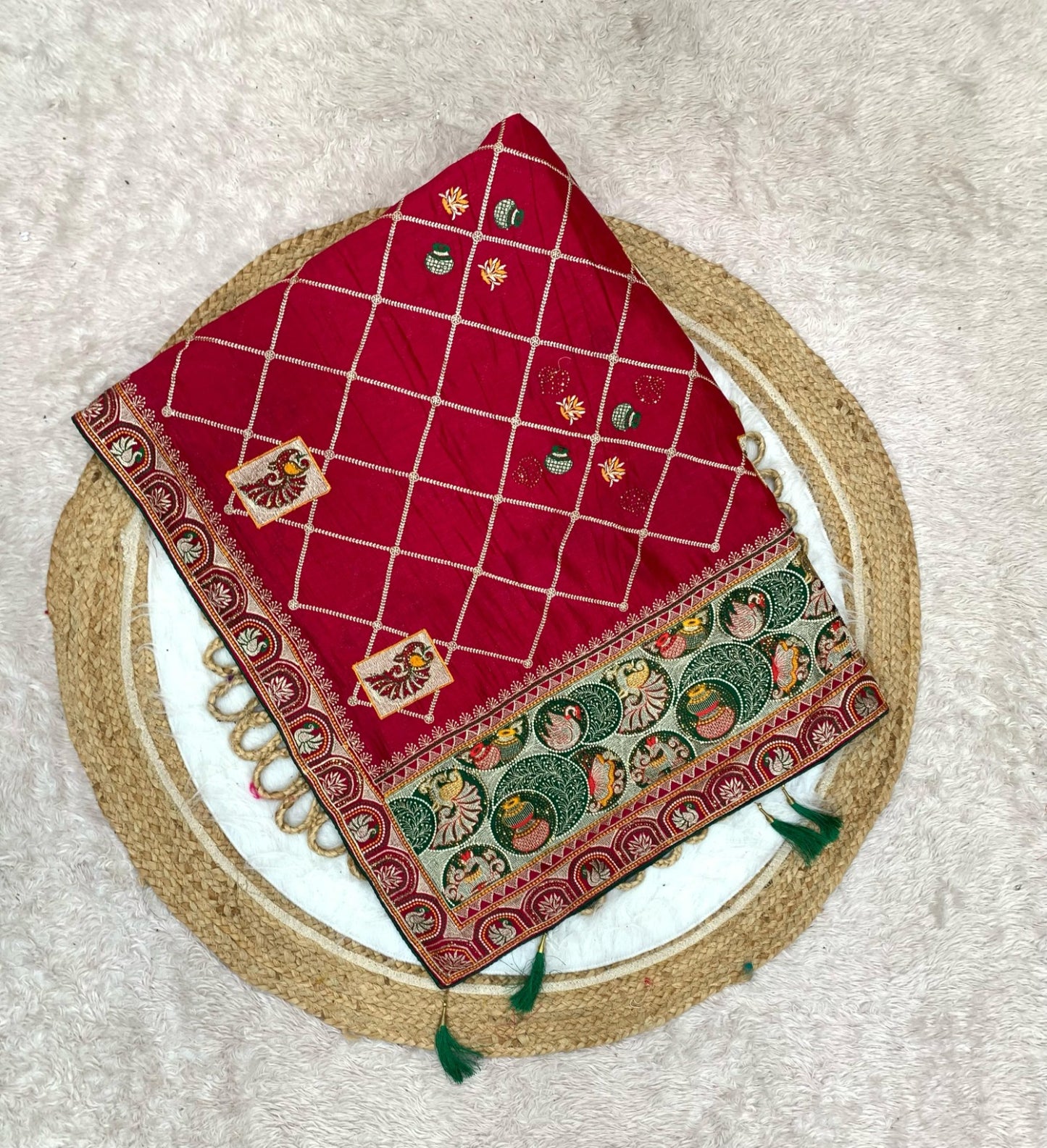 BS-PANCH-MAHAL VICHITRA SILK WITH GHARCHOLA DESIGN WITH HEAVY PALLU WITH DIAMOND WORK ALL OVER WITH TASSELS