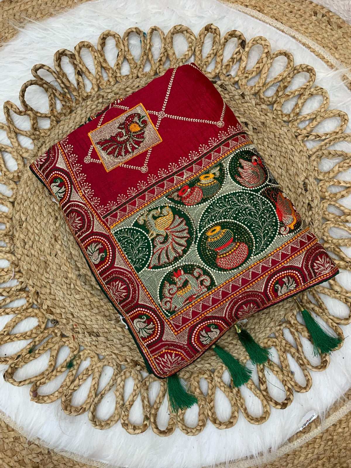 BS-PANCH-MAHAL VICHITRA SILK WITH GHARCHOLA DESIGN WITH HEAVY PALLU WITH DIAMOND WORK ALL OVER WITH TASSELS