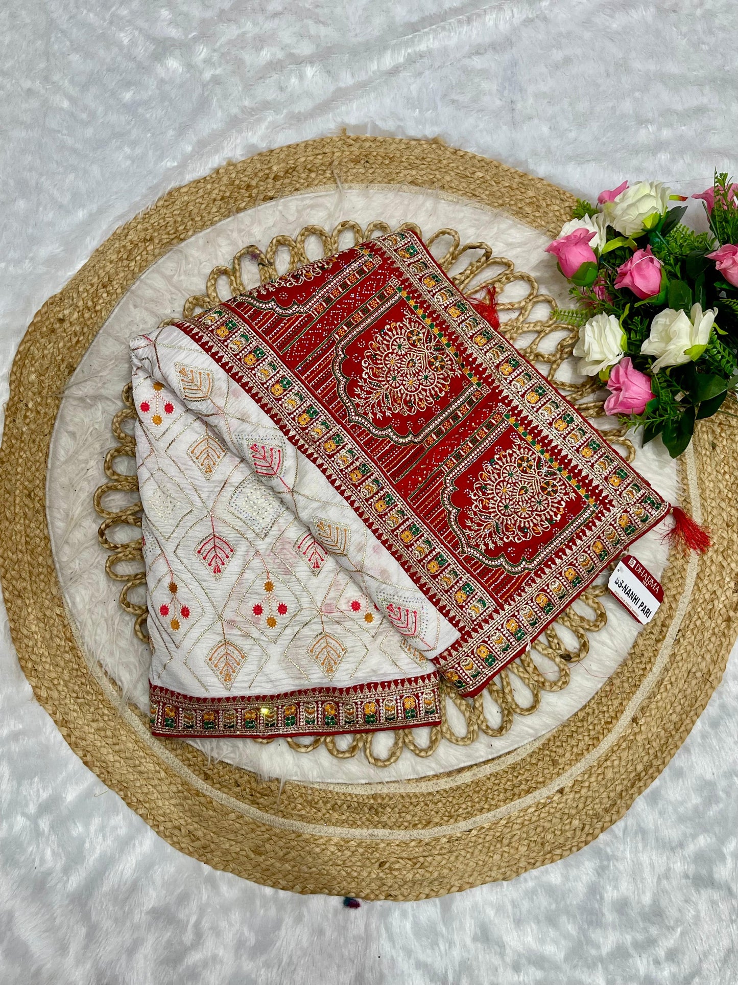 BS-NANHI-PARI HEAVY VICHITRA SAREE WITH HEAVY EMBROIDERY WORK WITH DMC SIROSKI WITH CONTRAST PALLU