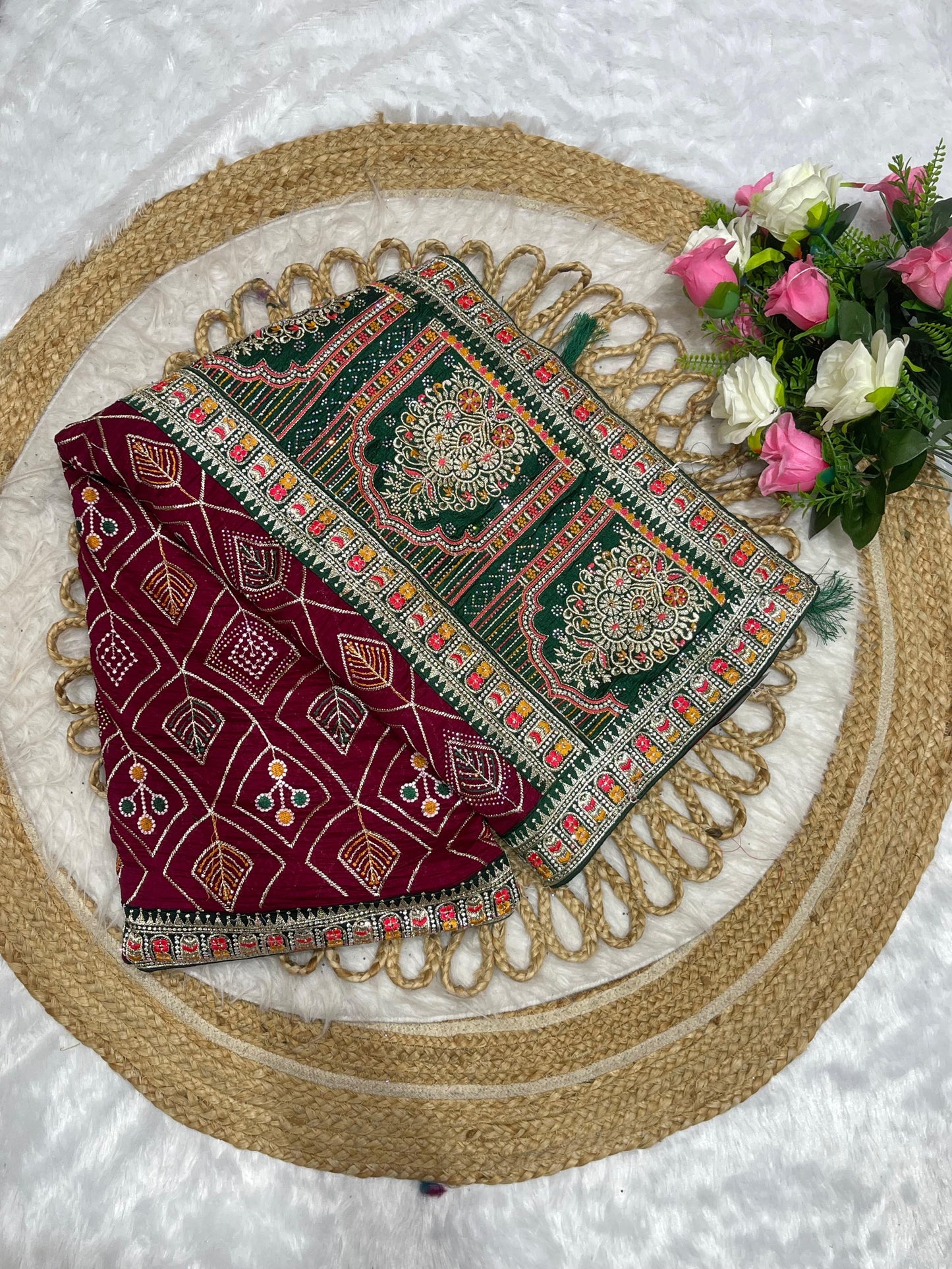 BS-NANHI-PARI HEAVY VICHITRA SAREE WITH HEAVY EMBROIDERY WORK WITH DMC SIROSKI WITH CONTRAST PALLU
