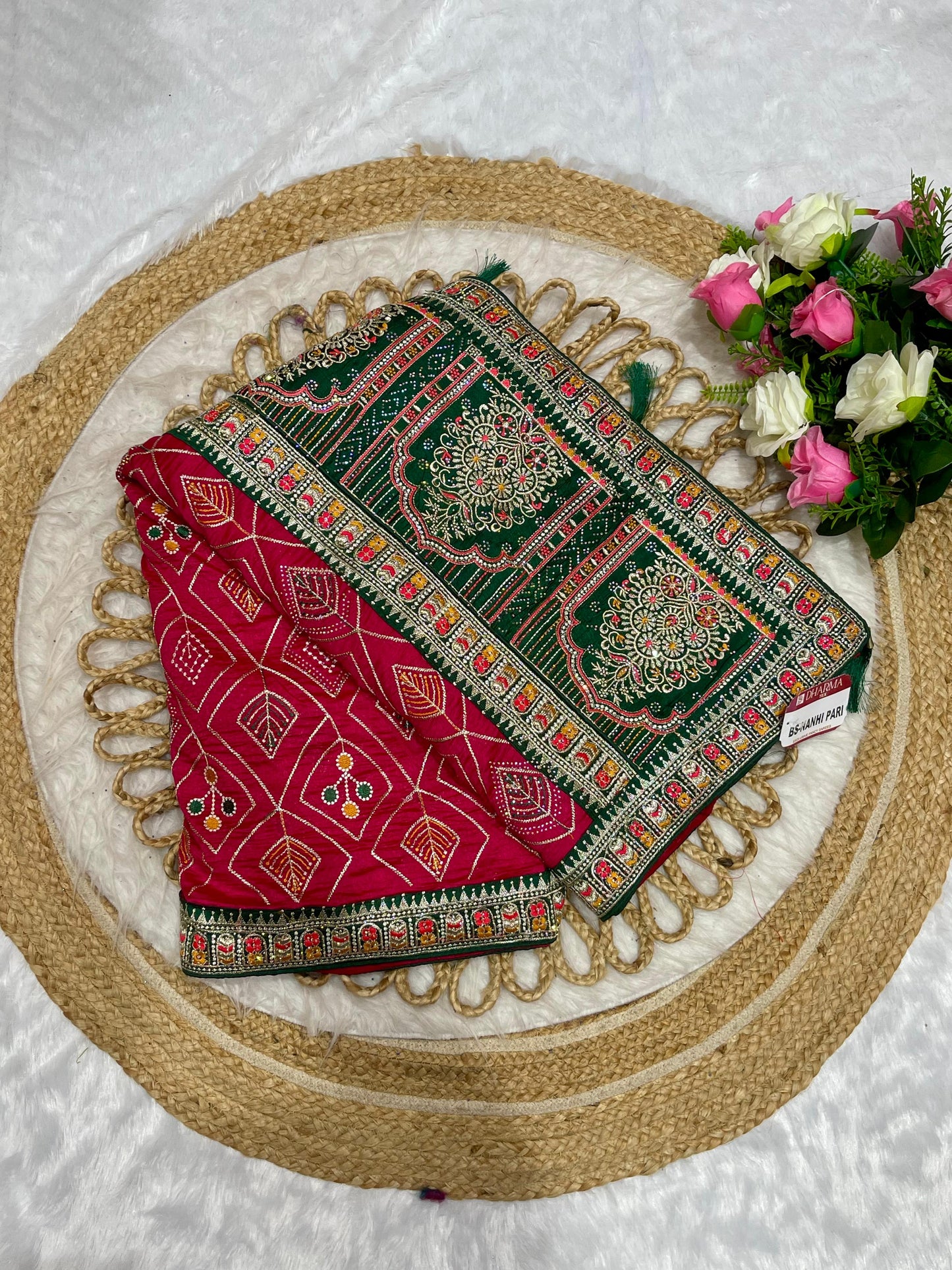 BS-NANHI-PARI HEAVY VICHITRA SAREE WITH HEAVY EMBROIDERY WORK WITH DMC SIROSKI WITH CONTRAST PALLU