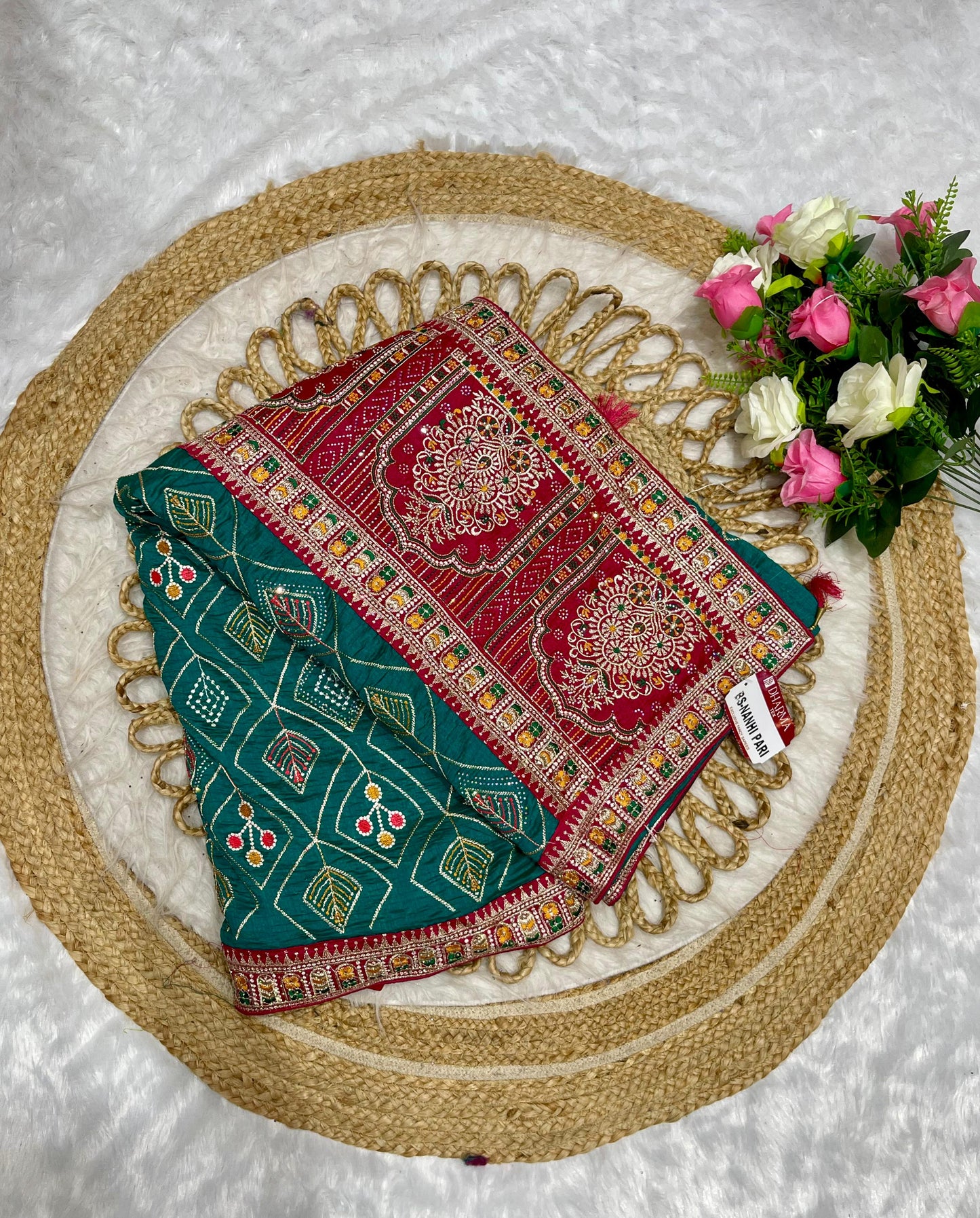 BS-NANHI-PARI HEAVY VICHITRA SAREE WITH HEAVY EMBROIDERY WORK WITH DMC SIROSKI WITH CONTRAST PALLU