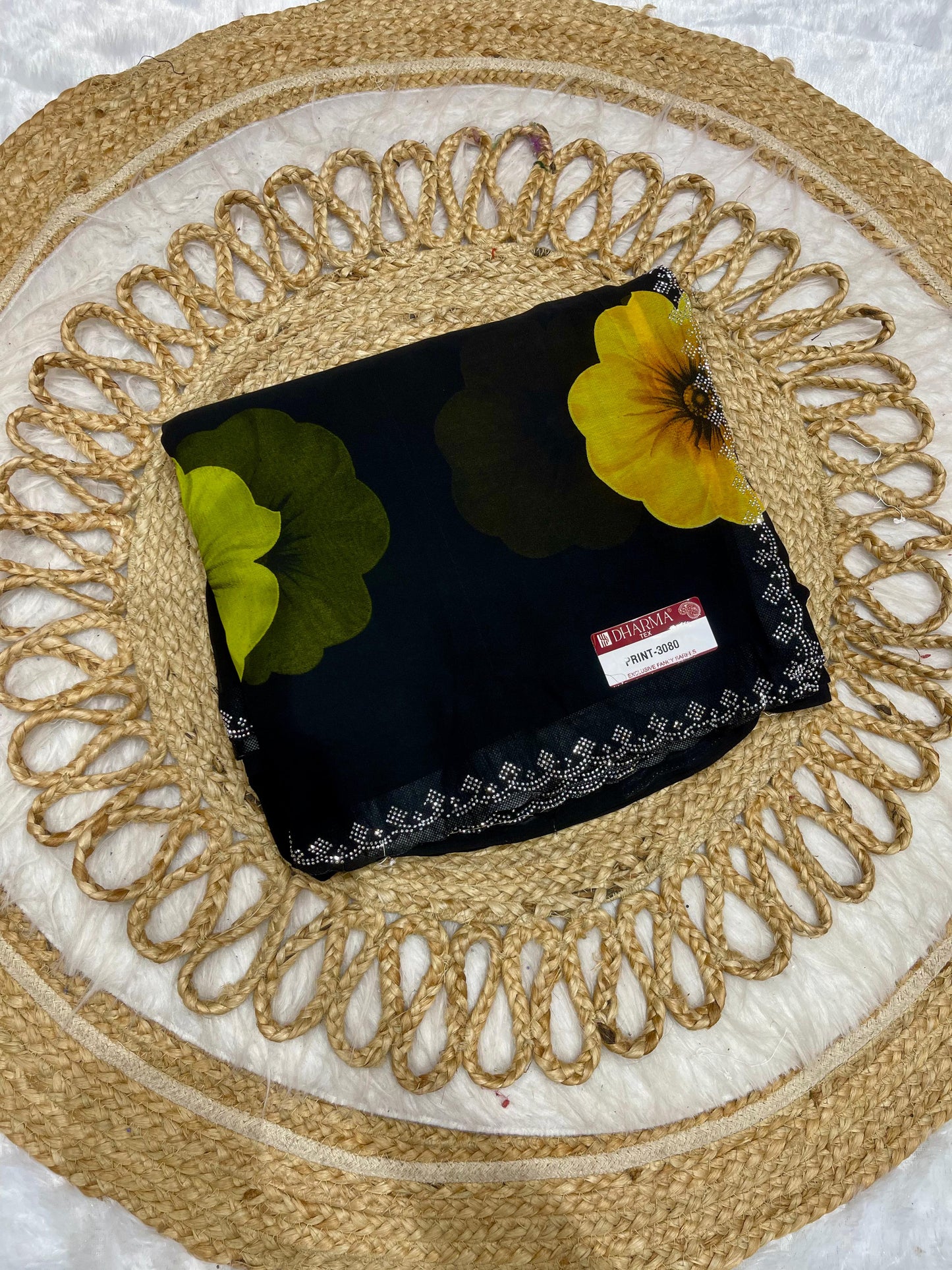 PRINT-3080 PREMIUM LBS FABRIC SAREE WITH BEAUTIFUL FLOWER DESIGN PRINT WITH BLACK COMMON DESIGN WITH HEAVY SIROSKI BORDER WITH 6.30 MTR CUT