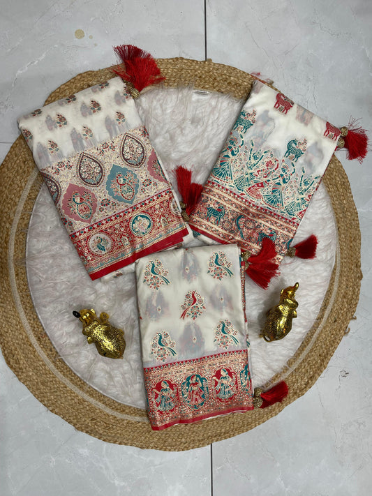 AJ-WHITE-BALCHURI SOFT SILK SAREE WITH WHITE RED SAREE WITH POSITION STYLE WEAVING WITH HEAVY LATKAN