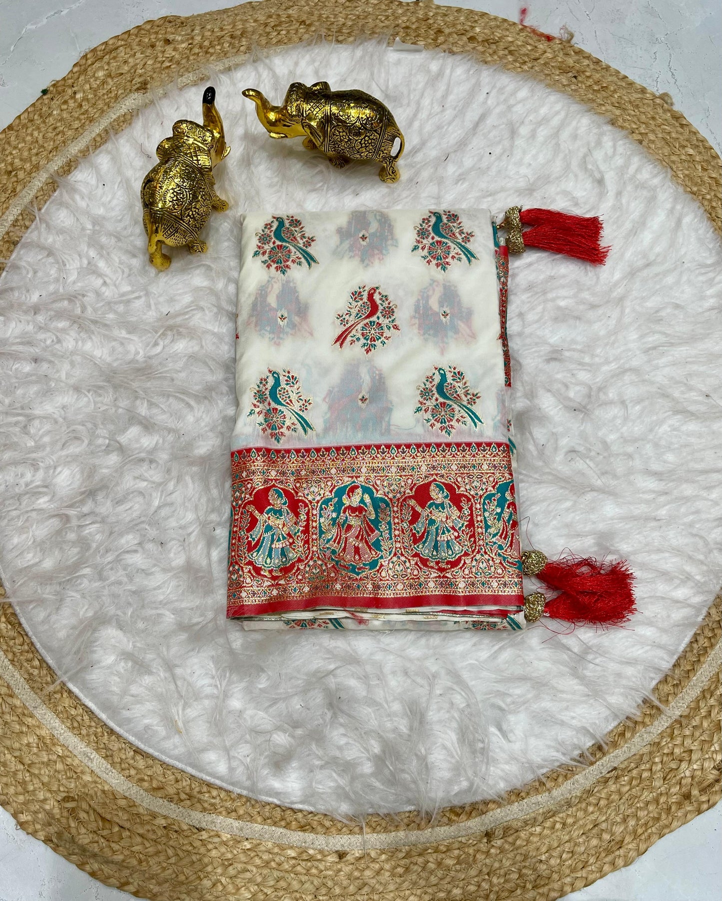 AJ-WHITE-BALCHURI SOFT SILK SAREE WITH WHITE RED SAREE WITH POSITION STYLE WEAVING WITH HEAVY LATKAN