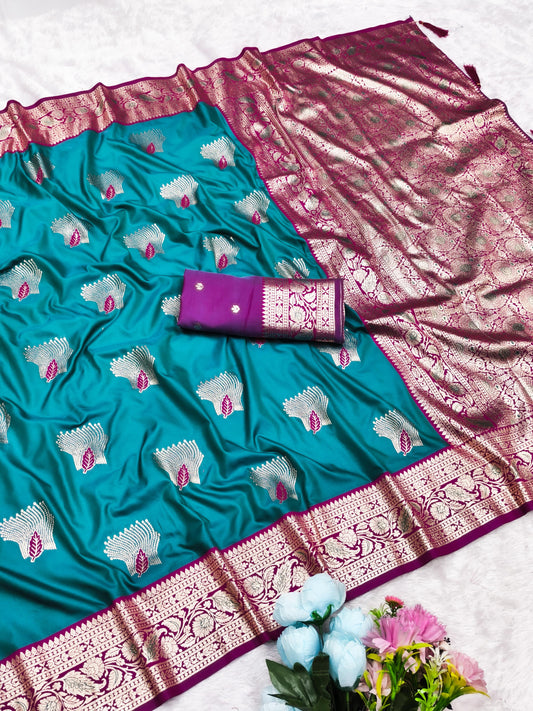 AJ-TOOFAN SOFT 50/600 SILK SAREE WITH GRAND RICH PALLU EITH CONTRAST BORDER WITH VIRAL PATTA DESIGN