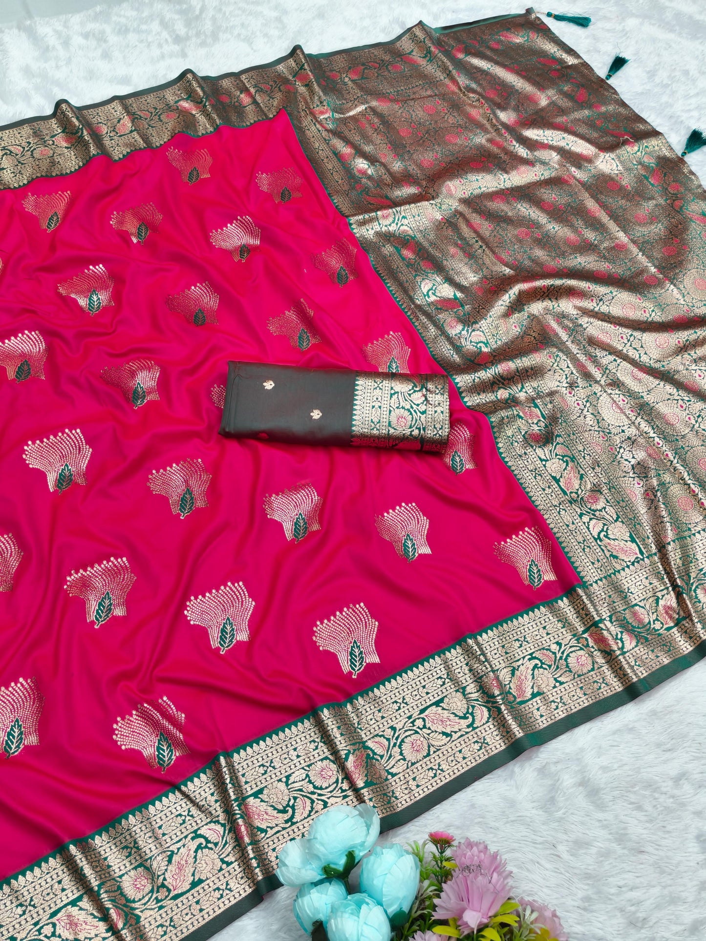 AJ-TOOFAN SOFT 50/600 SILK SAREE WITH GRAND RICH PALLU EITH CONTRAST BORDER WITH VIRAL PATTA DESIGN