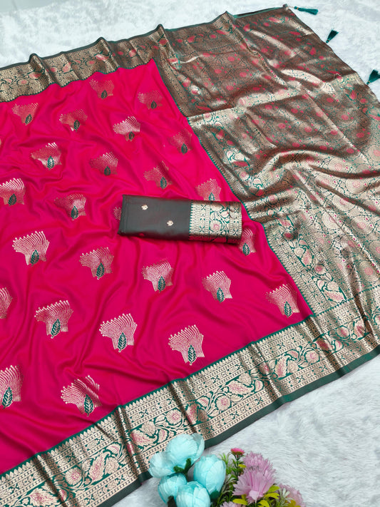 AJ-TOOFAN SOFT 50/600 SILK SAREE WITH GRAND RICH PALLU EITH CONTRAST BORDER WITH VIRAL PATTA DESIGN