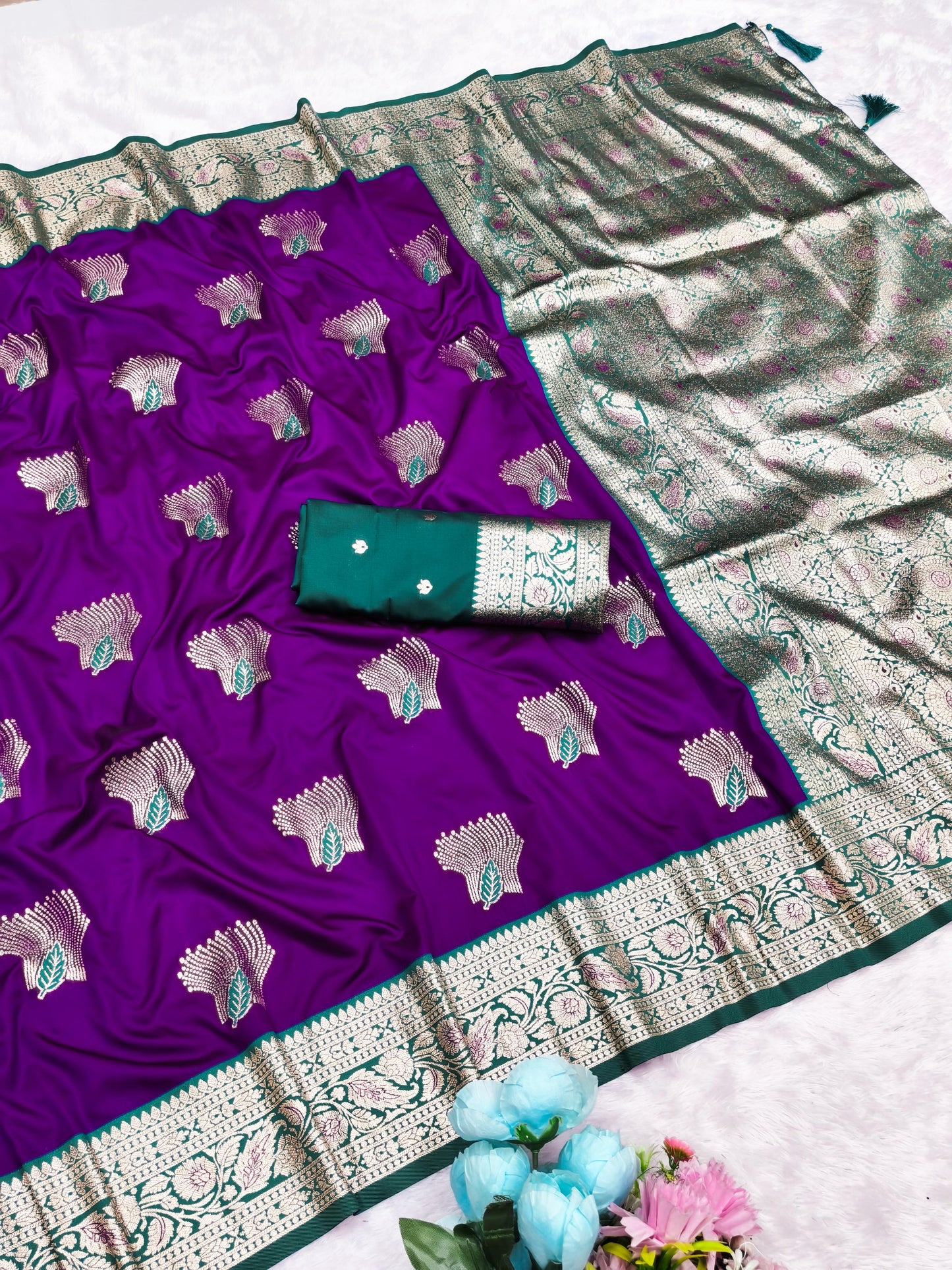 AJ-TOOFAN SOFT 50/600 SILK SAREE WITH GRAND RICH PALLU EITH CONTRAST BORDER WITH VIRAL PATTA DESIGN