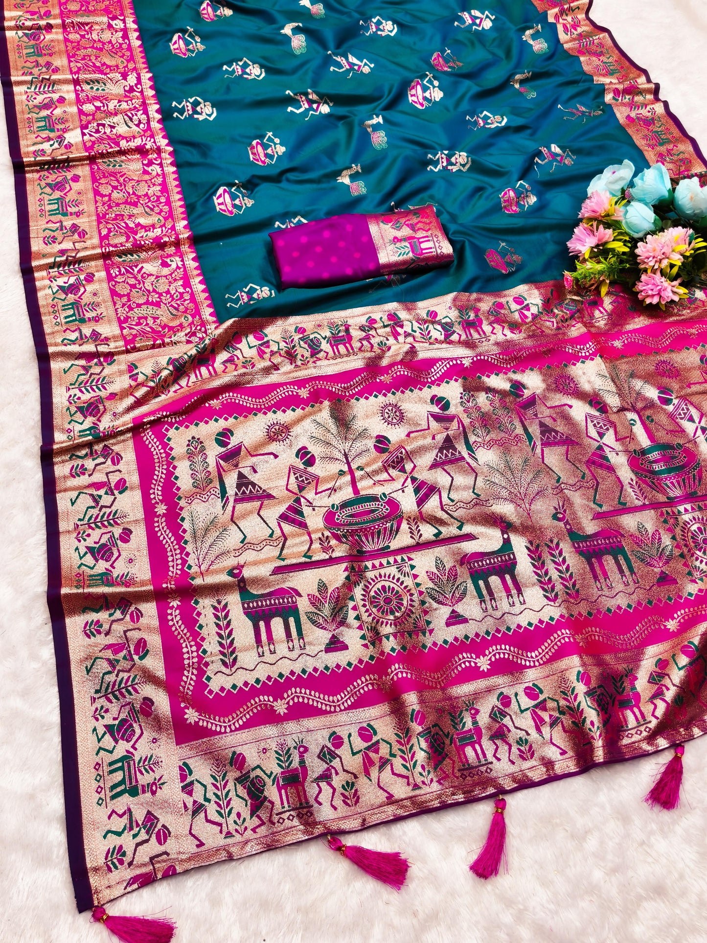 AJ-KALYANI SOFT SILK SAREE WITH KALAMKARI PALLU DESIGN WITH CONTRAST BORDER WITH BUTTI BLOUSE