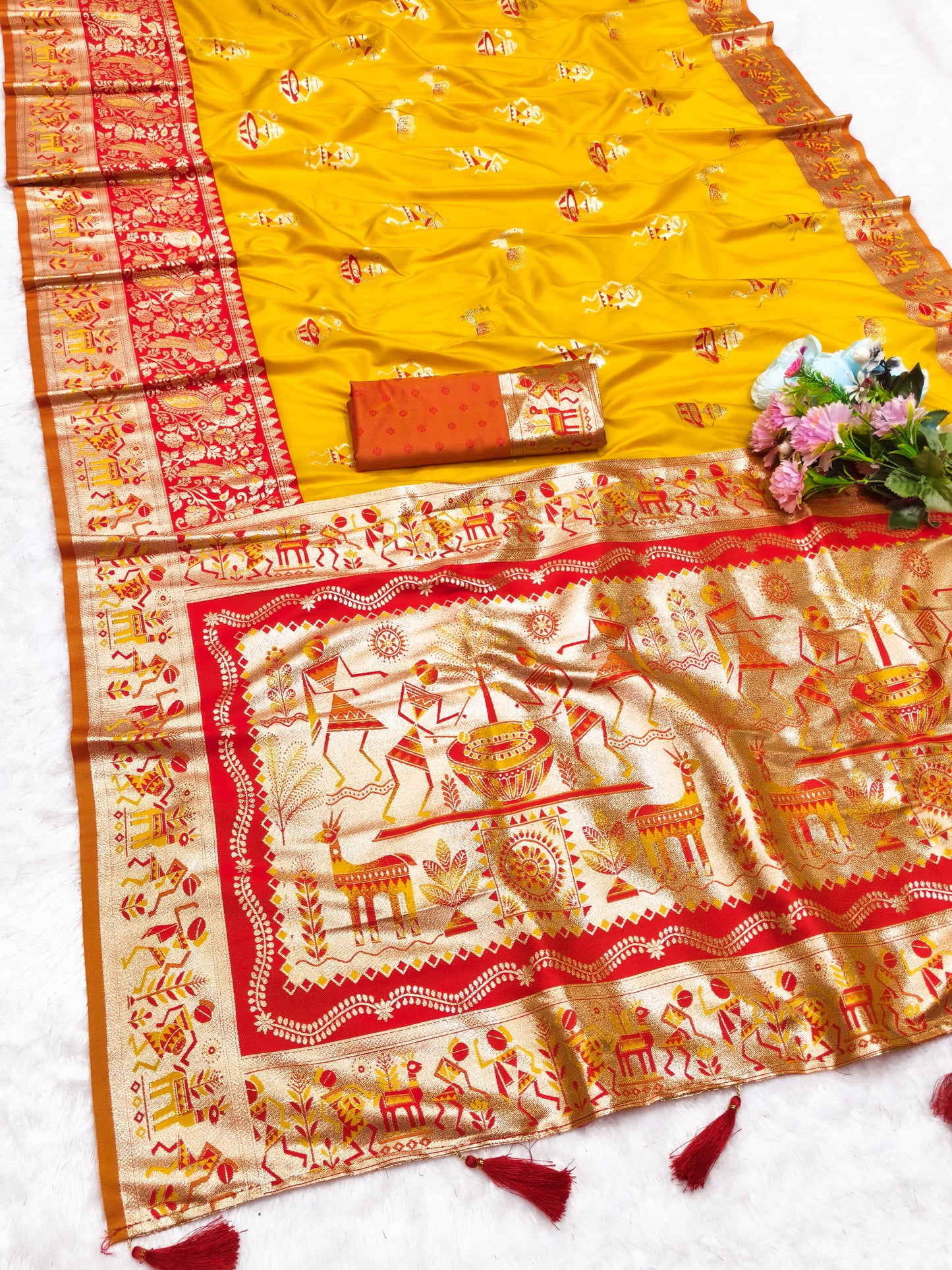 AJ-KALYANI SOFT SILK SAREE WITH KALAMKARI PALLU DESIGN WITH CONTRAST BORDER WITH BUTTI BLOUSE