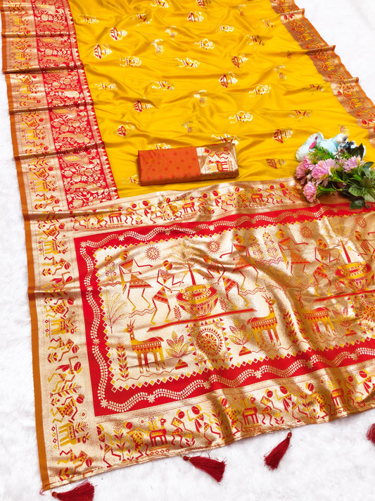 AJ-KALYANI SOFT SILK SAREE WITH KALAMKARI PALLU DESIGN WITH CONTRAST BORDER WITH BUTTI BLOUSE