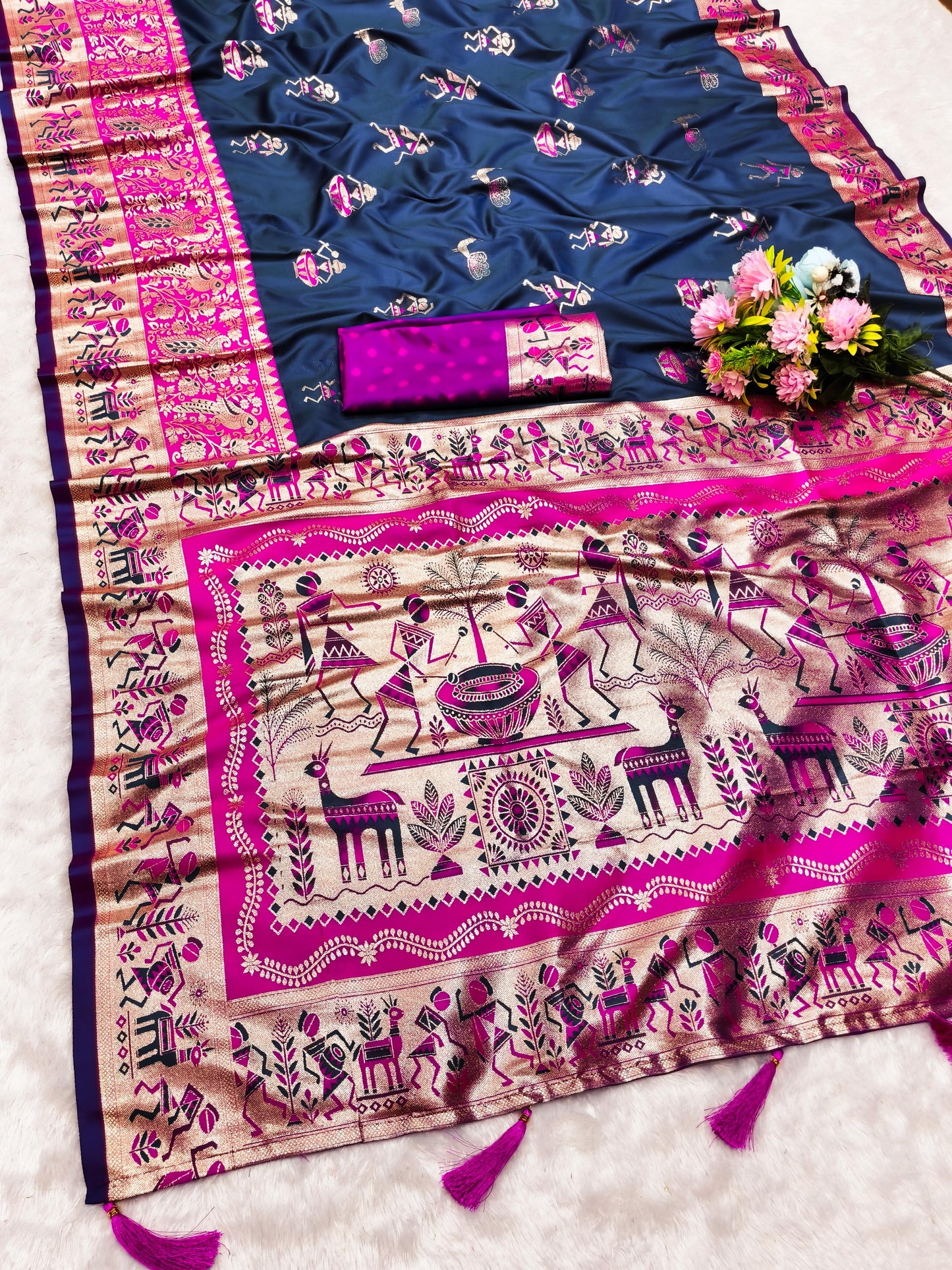 AJ-KALYANI SOFT SILK SAREE WITH KALAMKARI PALLU DESIGN WITH CONTRAST BORDER WITH BUTTI BLOUSE
