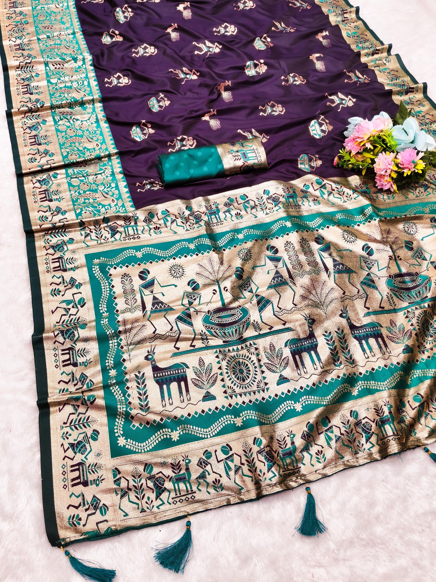 AJ-KALYANI SOFT SILK SAREE WITH KALAMKARI PALLU DESIGN WITH CONTRAST BORDER WITH BUTTI BLOUSE