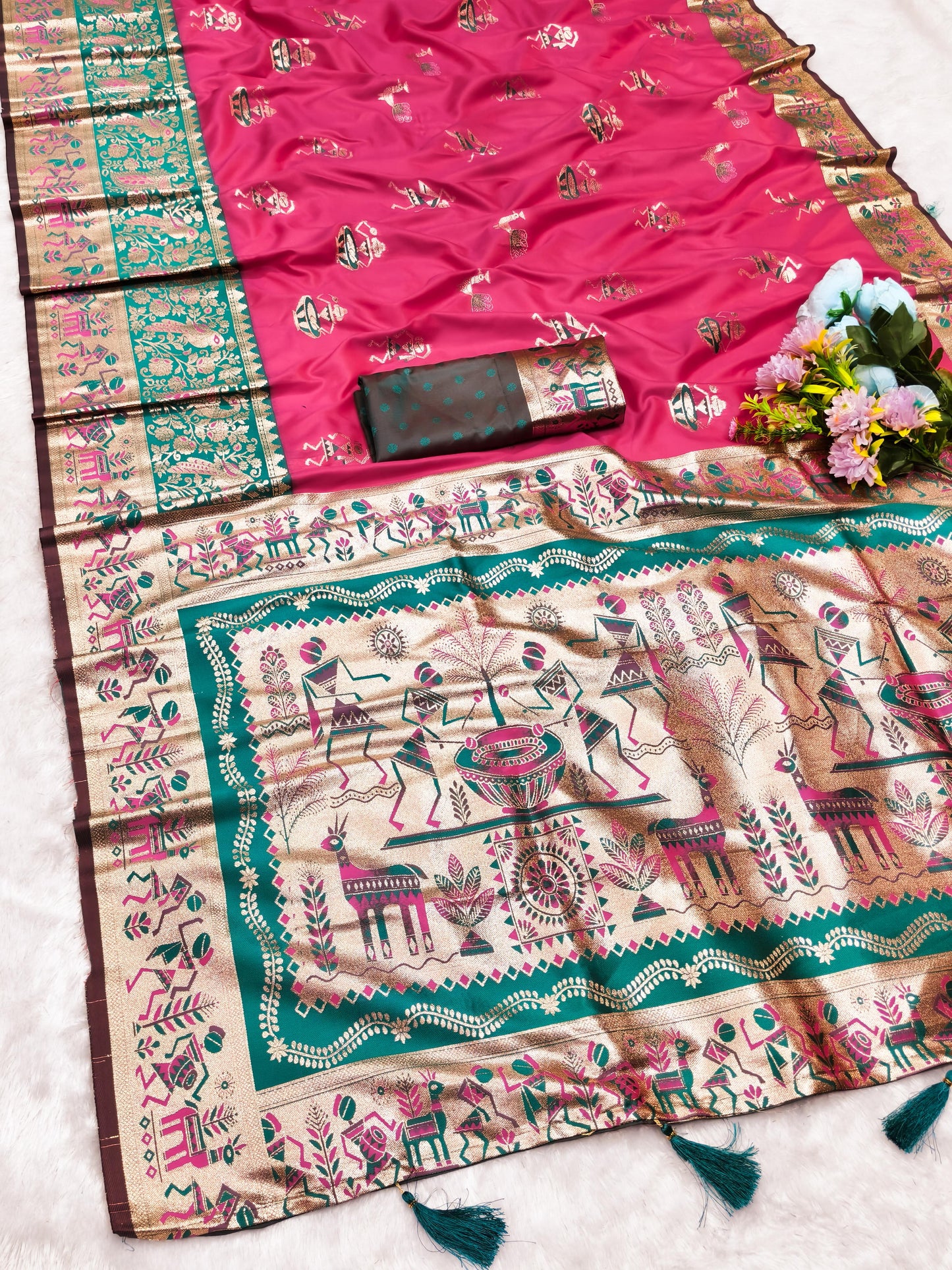 AJ-KALYANI SOFT SILK SAREE WITH KALAMKARI PALLU DESIGN WITH CONTRAST BORDER WITH BUTTI BLOUSE