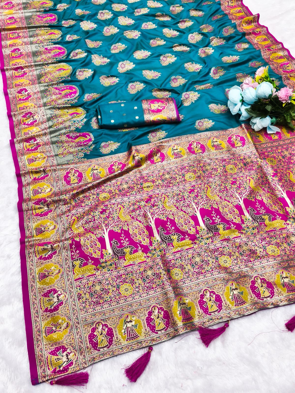 AJ-POSITION-PEACOCK SOFT 50/600 SILK SAREE WITH POSITION STYLE WEAVING WITH HEAVY DESIGN WITH CONTRAST BODY PALLU AND BLOUSE